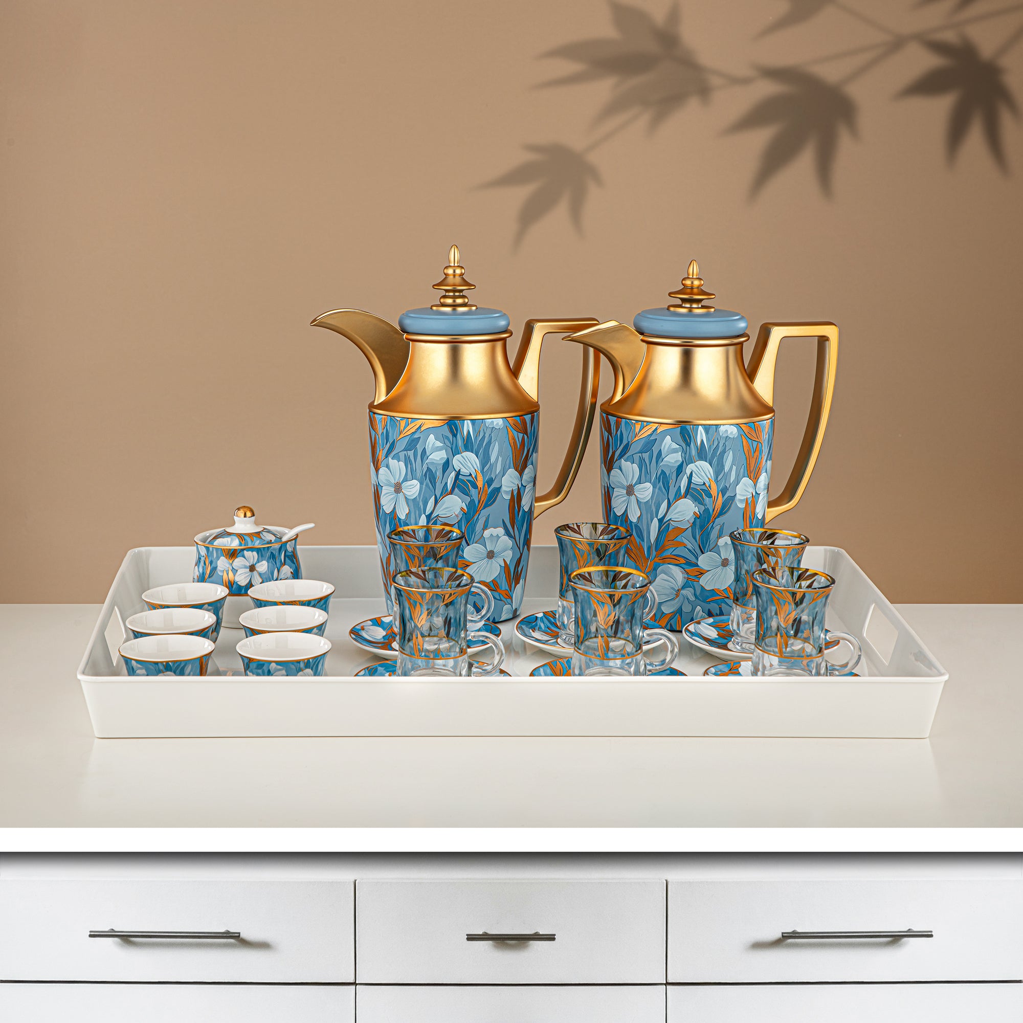 Almarjan Vacuum Flask Set 24 Pieces, 1L + 1L, Floral & Matt Gold (24-JBH-TR-AZ01G) - Tea & Coffee Complete Set