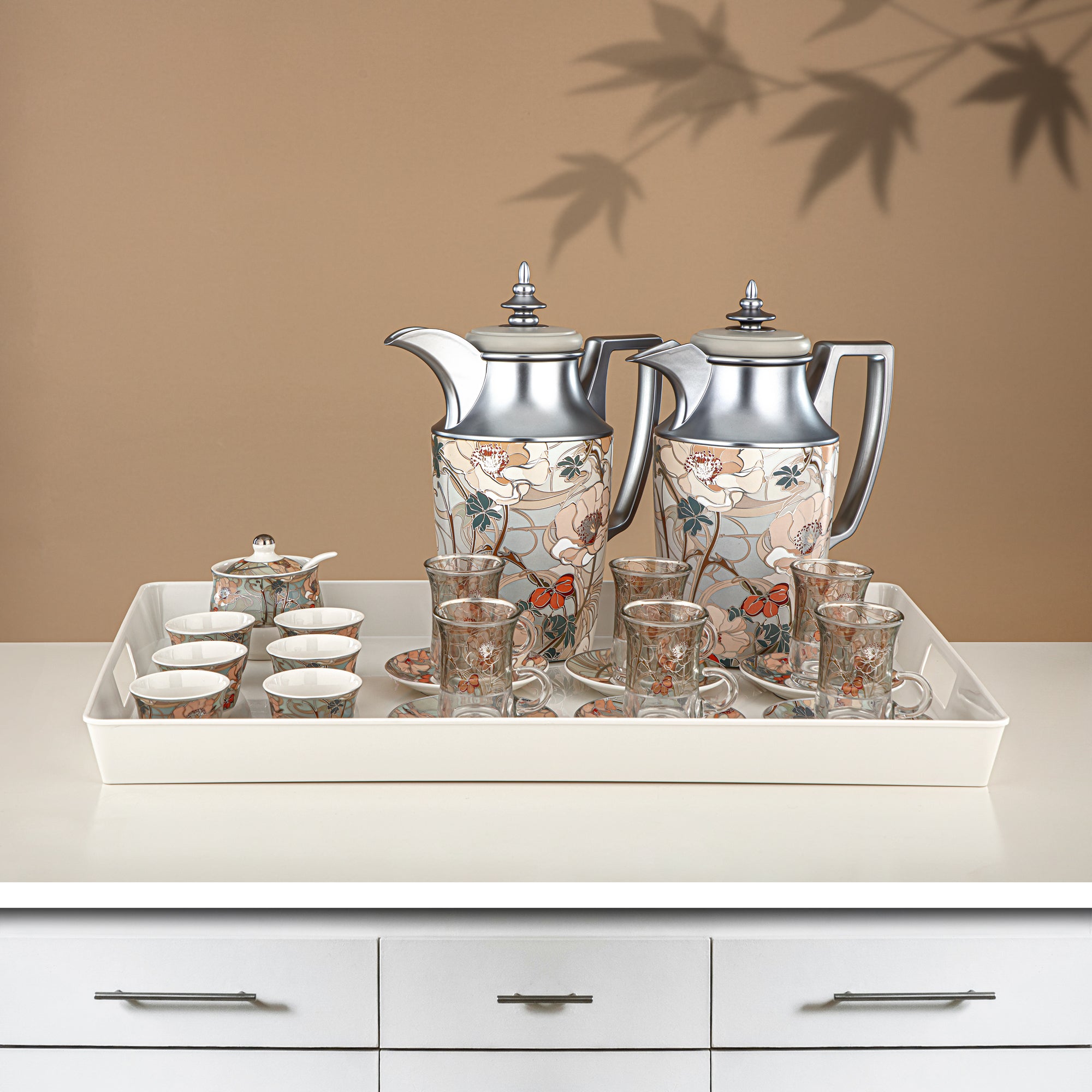 Almarjan Vacuum Flask Set 24 Pieces, 1L + 1L, Floral & Matt Silver (24-JBH-TR-AZ02S) - Tea & Coffee Complete Set