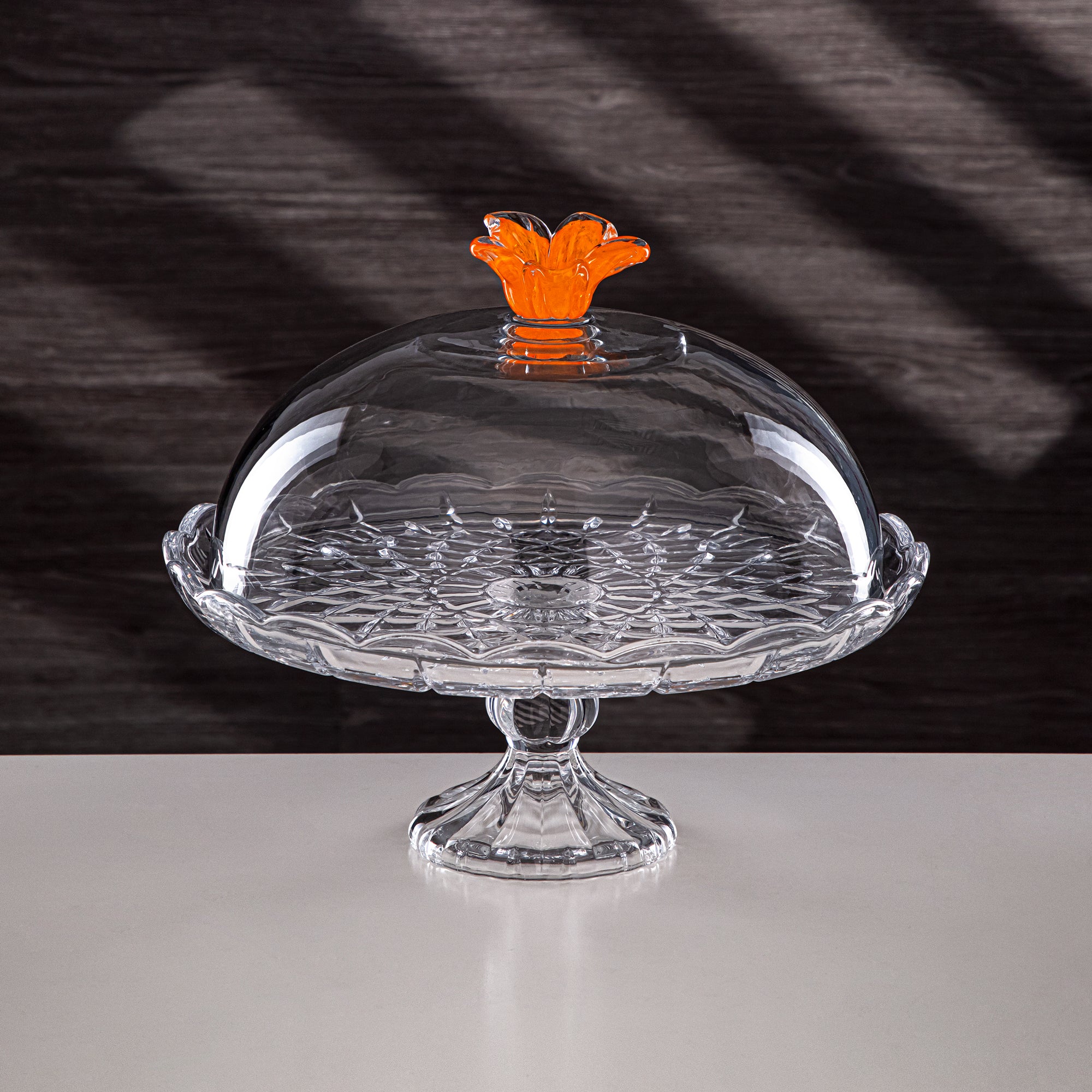 Almarjan Cake Stand Glass Round Clear with Orange Flower