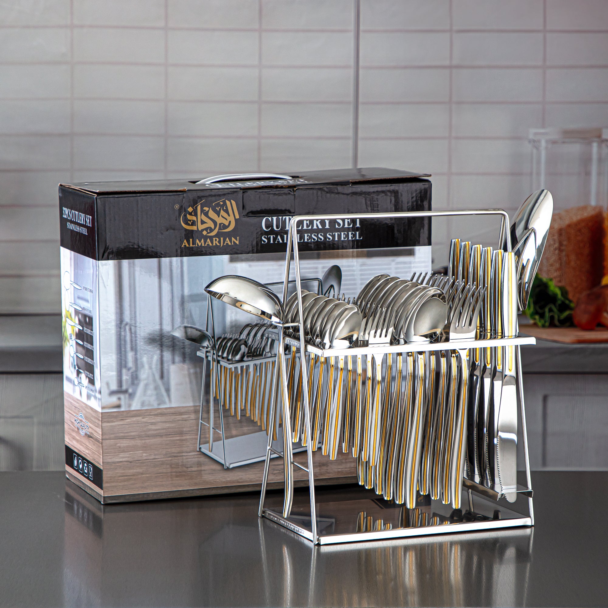 المرجان طقم أدوات مائدة ستانلس ستيل 32 قطعة مع حامل فضي وذهبي - CUT0010239