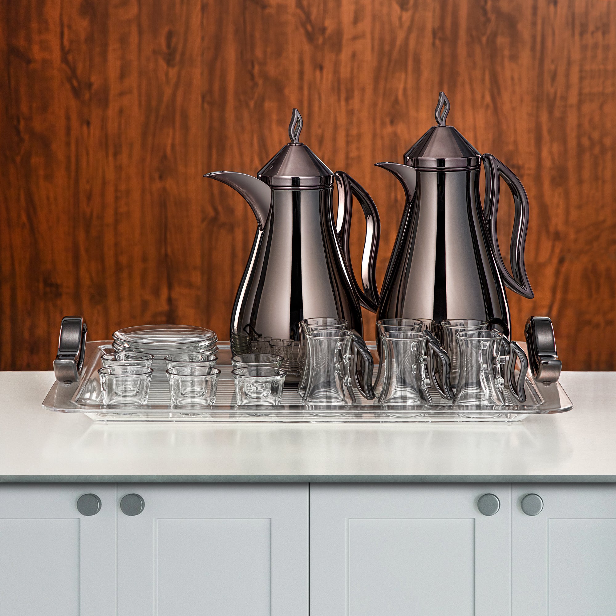 Almarjan Vacuum Flask Set Gun Black Finish 21 Pieces (0.7L + 1L) (FG811-21 ALLGBL) – Elegant Serving | Ramadan & Gatherings