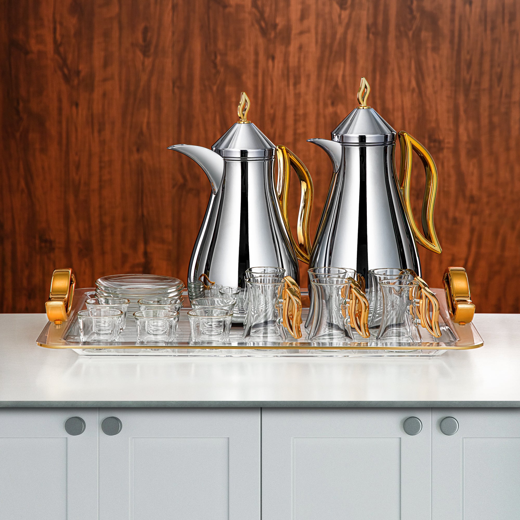 المرجان طقم ترامس Silver & Gold Handle 21 Pieces (0.7L + 1L) (FG811-21 C/G) – تقديم أنيق | رمضان و التجمعات