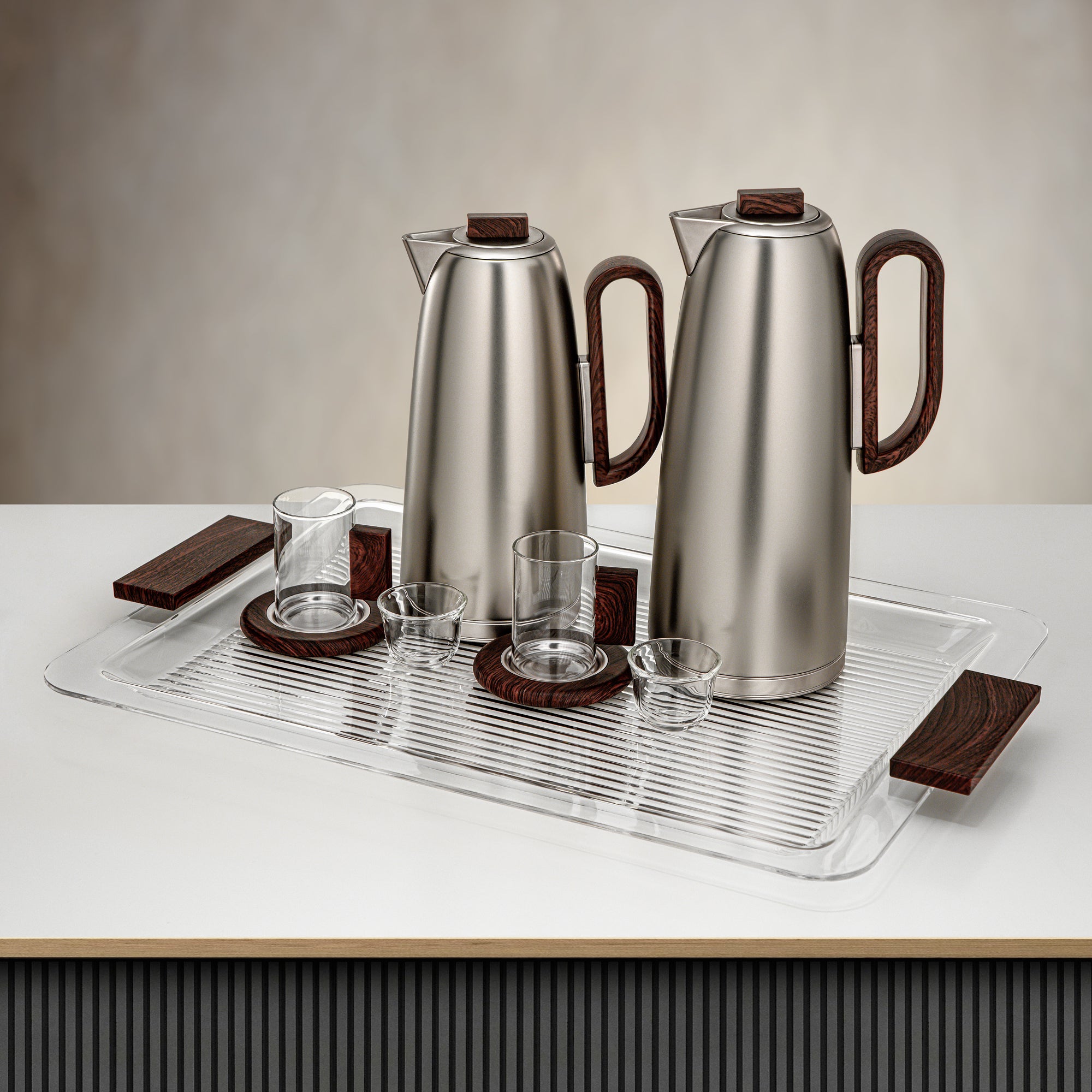 Almarjan Tea & Coffee Set 21 Pieces Matte Nickel & Dark Wood