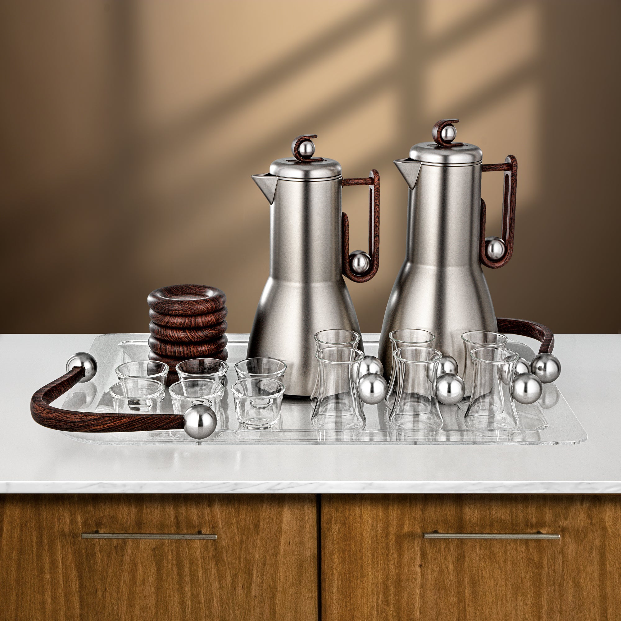 طقم شاي وقهوة المرجان 21 قطعة، نيكل مطفي وخشب داكن