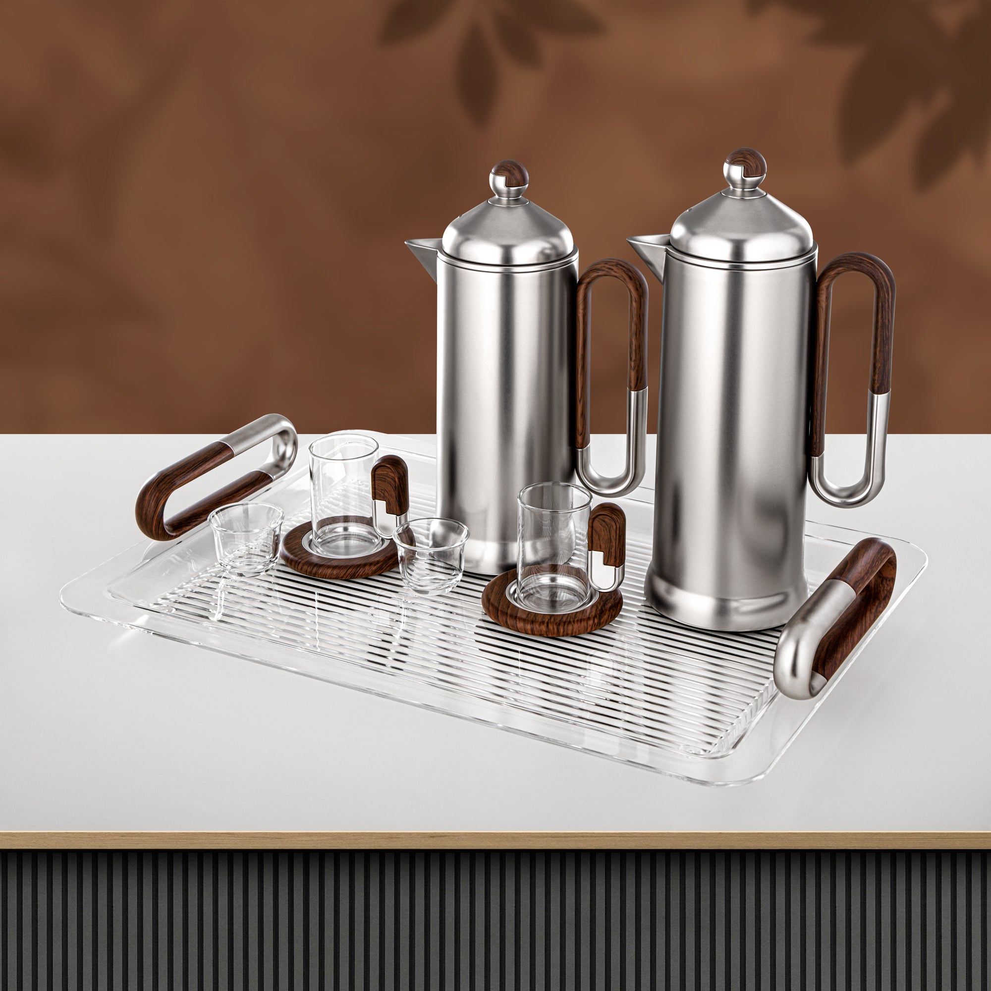Almarjan 21 Pieces Tea & Coffee Serving Set, Matt Nickel & Dark Wood