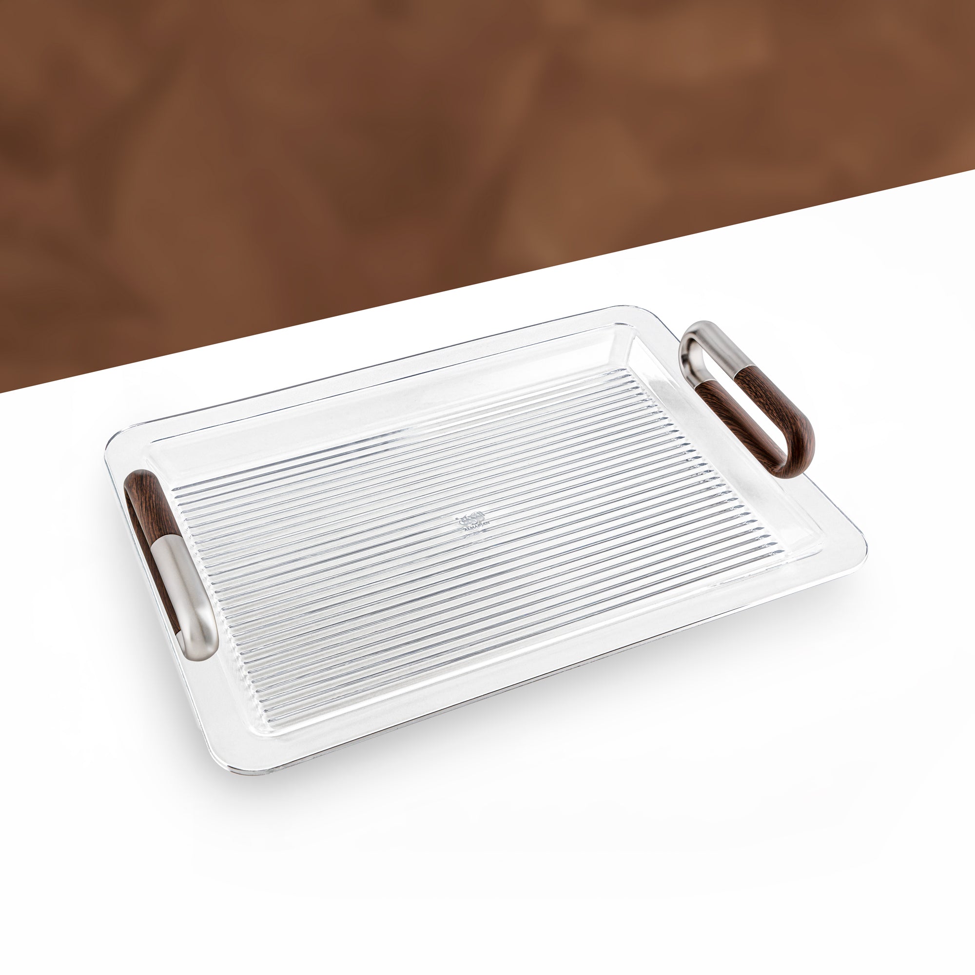 Almarjan 50 cm Acrylic Serving Tray, Matt Nickel & Dark Wood