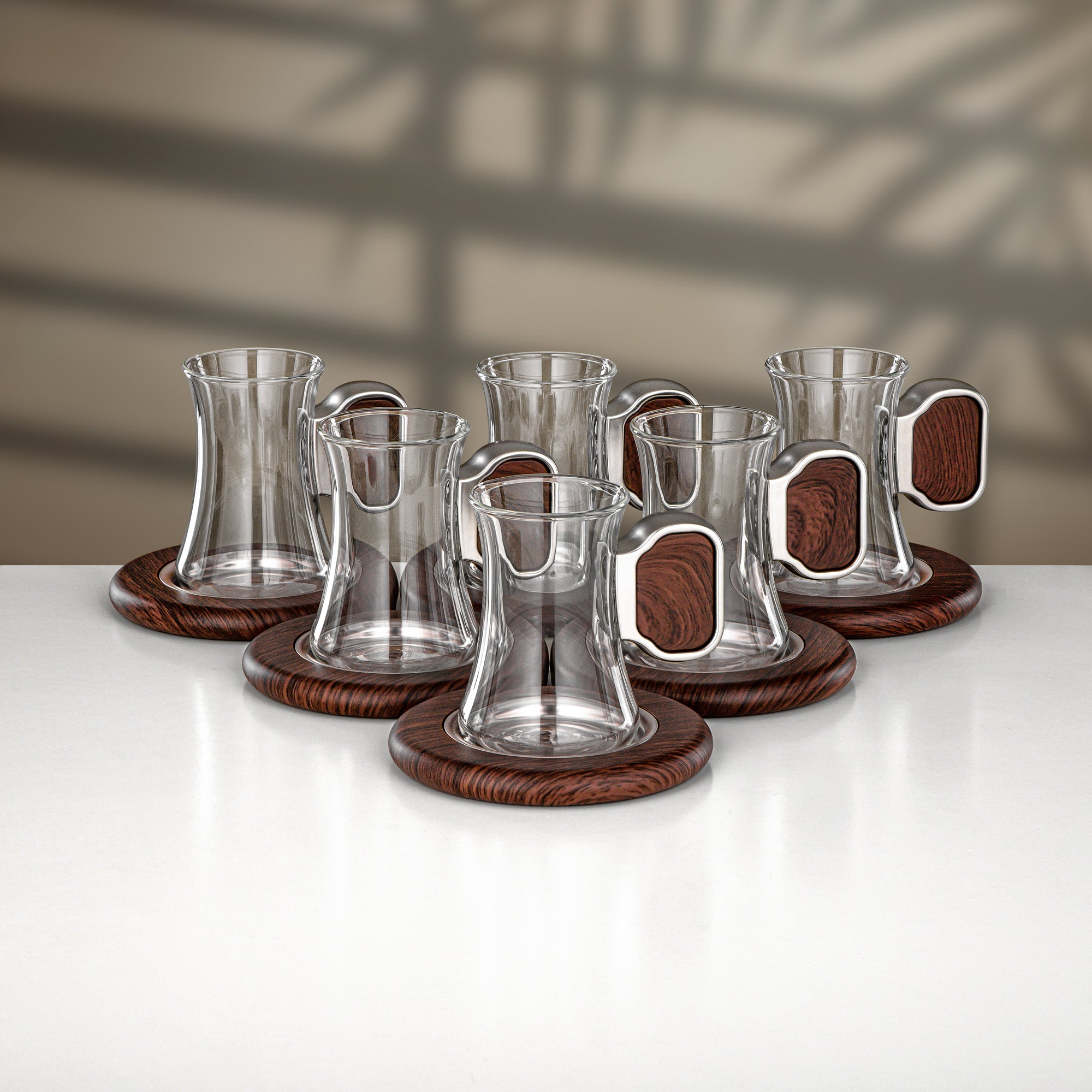 Almarjan 18 Pieces Tea & Cawa Cup Set, Matt Nickel & Dark Wood
