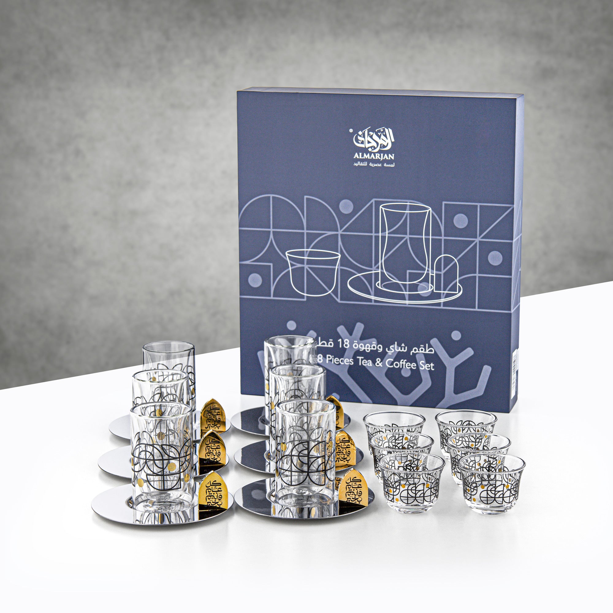 طقم شاي وقهوة المرجان، ١٨ قطعة، بنقشة سوداء وذهبية