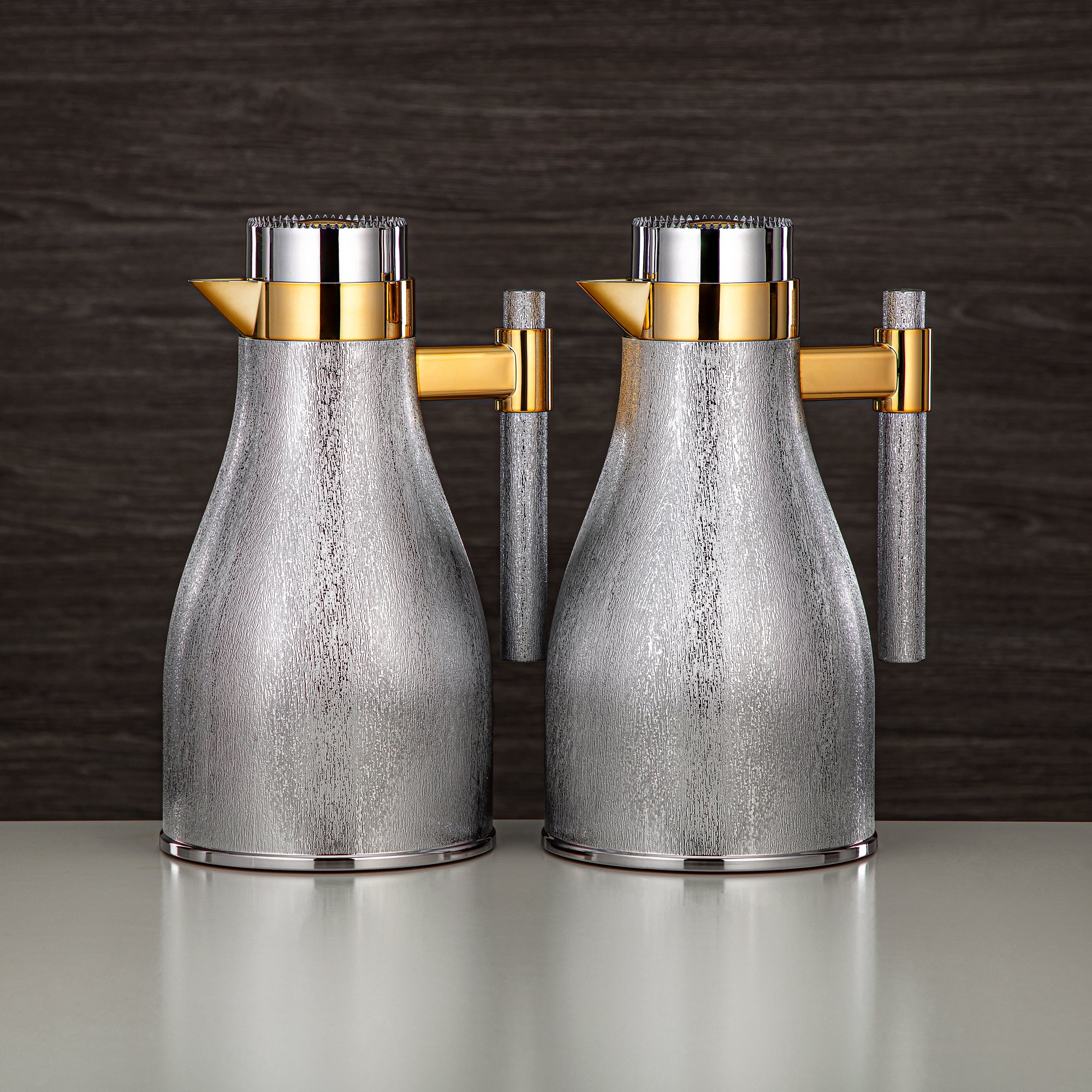 Almarjan Vacuum Flask Set ABS Push Button 1L + 1L Silver & Gold (GOK-S-S-G) - Elegant Serving
