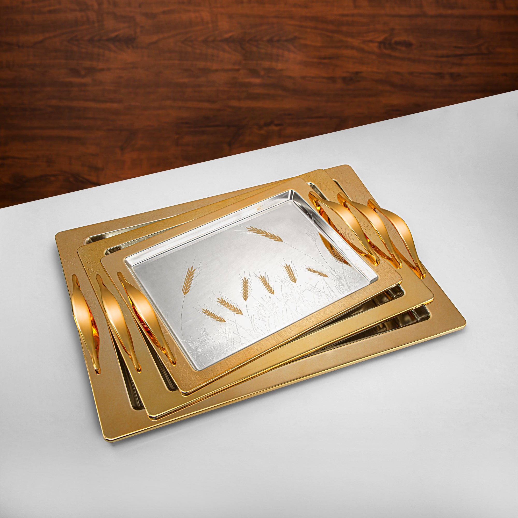 Almarjan 3 Pieces Serving Tray Set Silver & Gold - HT2411003