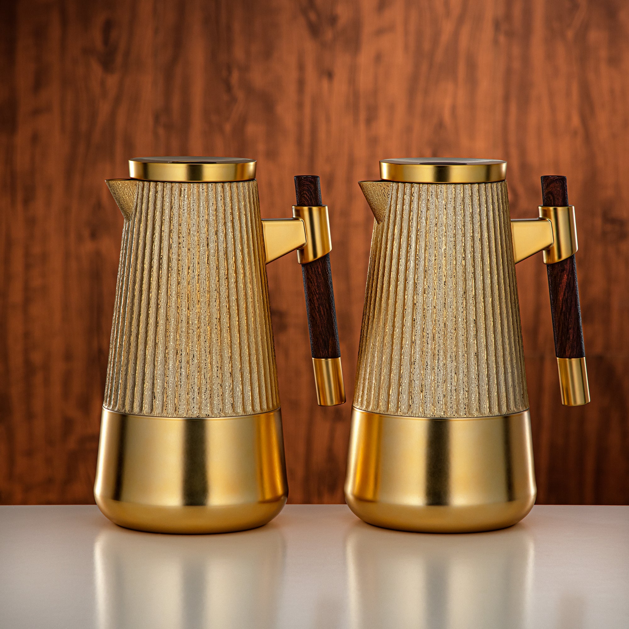 Almarjan Vacuum Flask Set 1L + 1L Matt Gold & Matt Dark Wood