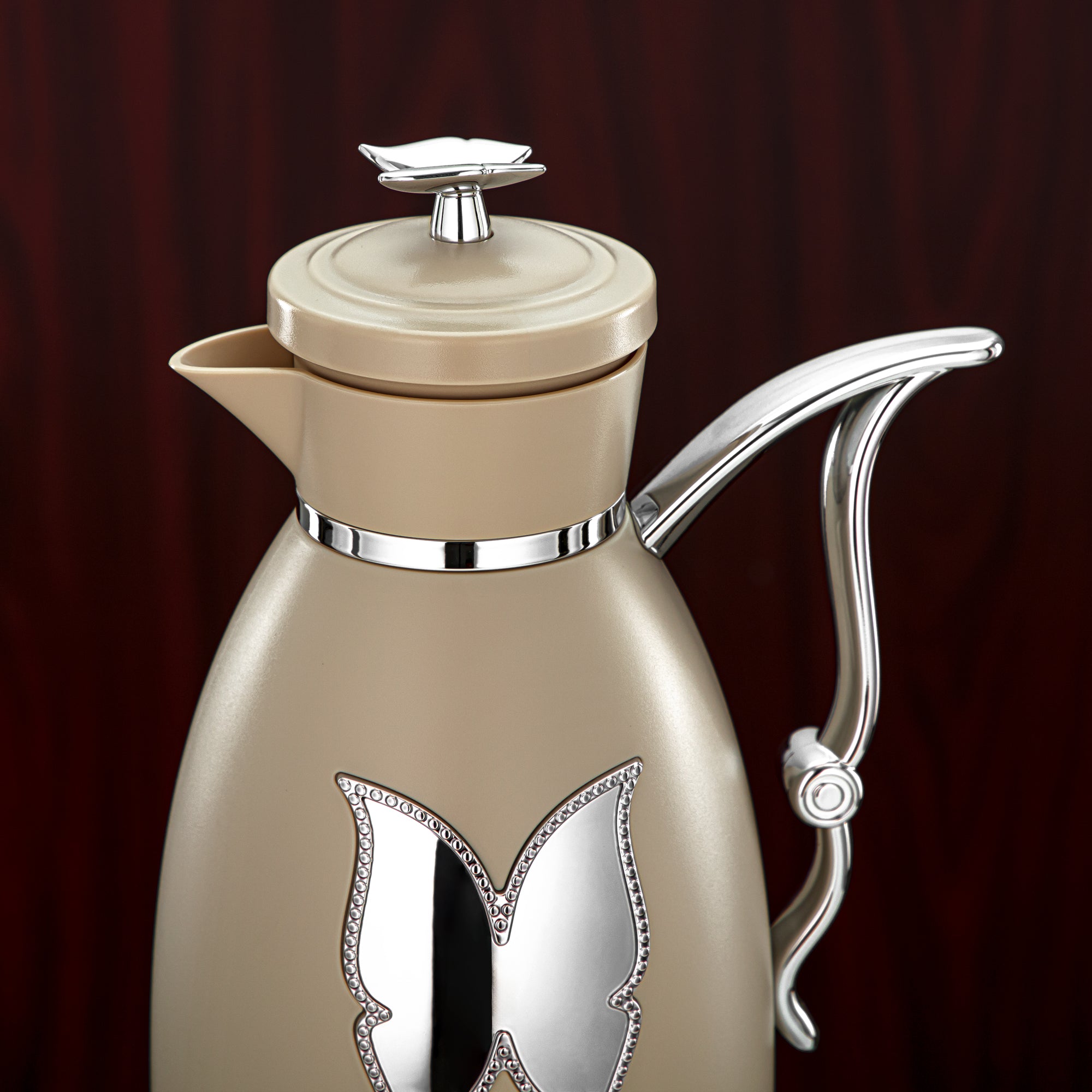 Almarjan Vacuum Flask Set Plastic Push Button 0.7L + 1L Beige & Silver (SM-2C142-070/100 BG/C) - Tea & Coffee Flask