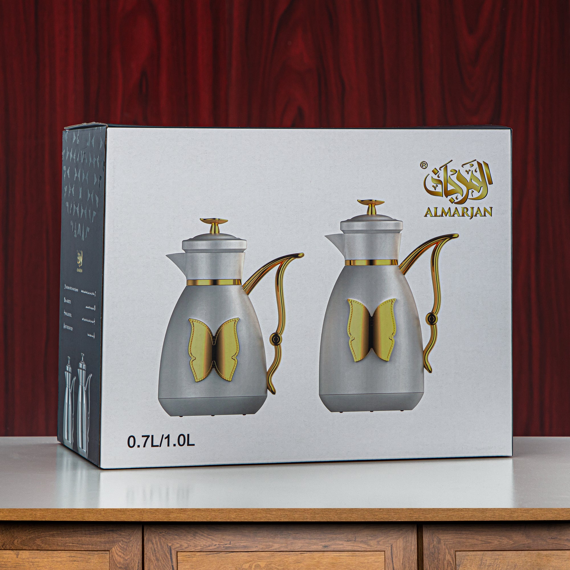 Almarjan Vacuum Flask Set Plastic Push Button 0.7L + 1L Green & Silver (SM-2C142-070/100 GG/C) - Tea & Coffee Flask