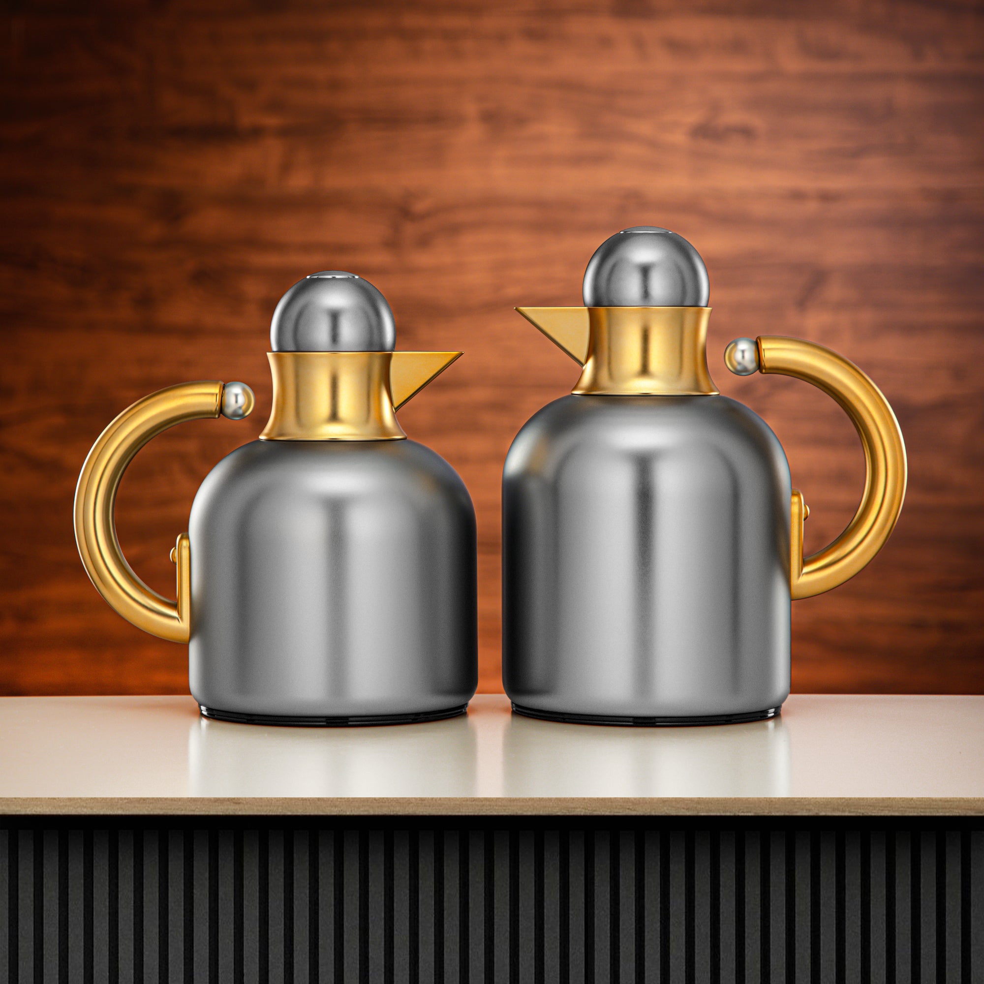 طقم ترامس المرجان 0.6 لتر + 1 لتر بلون النيكل غير اللامع والذهب غير اللامع