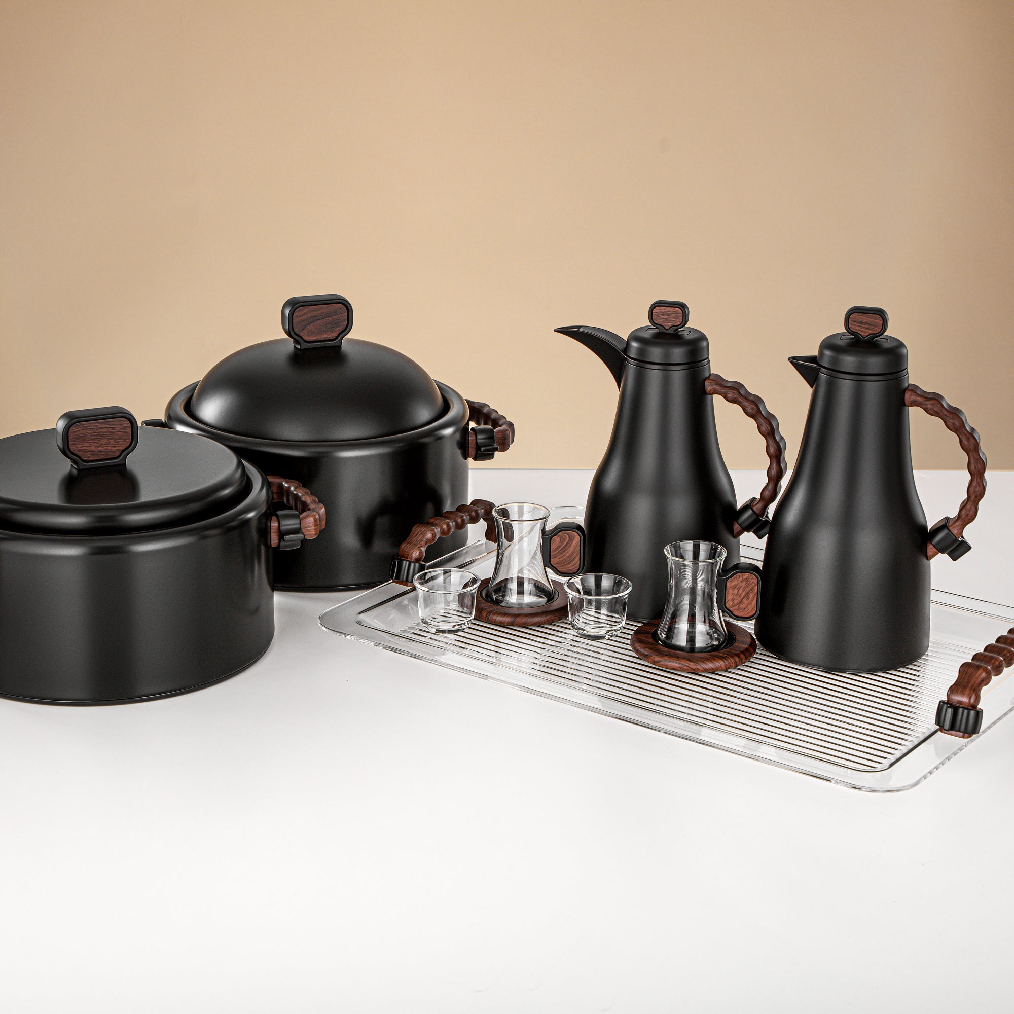 Almarjan 23 Pieces Serving Set, Matt Black & Dark Wood