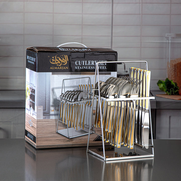 Almarjan 24 Pieces Stainless Steel Cutlery Set With Holder Silver & Gold - CUT0010234