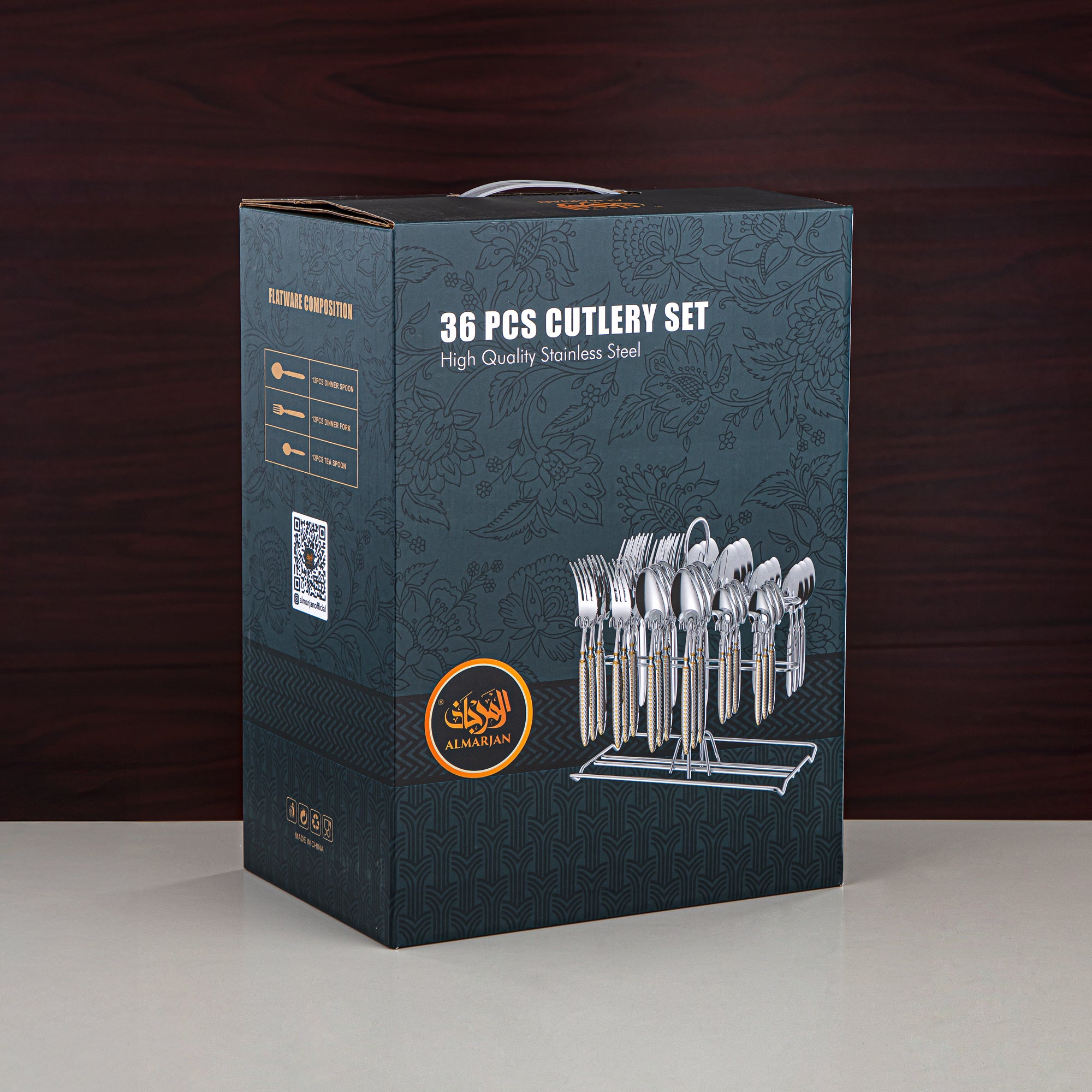 Almarjan Cutlery Set 36 Pieces, Stainless Steel, With Stand, Silver (CUT0010441) Elegant Cutlery Set