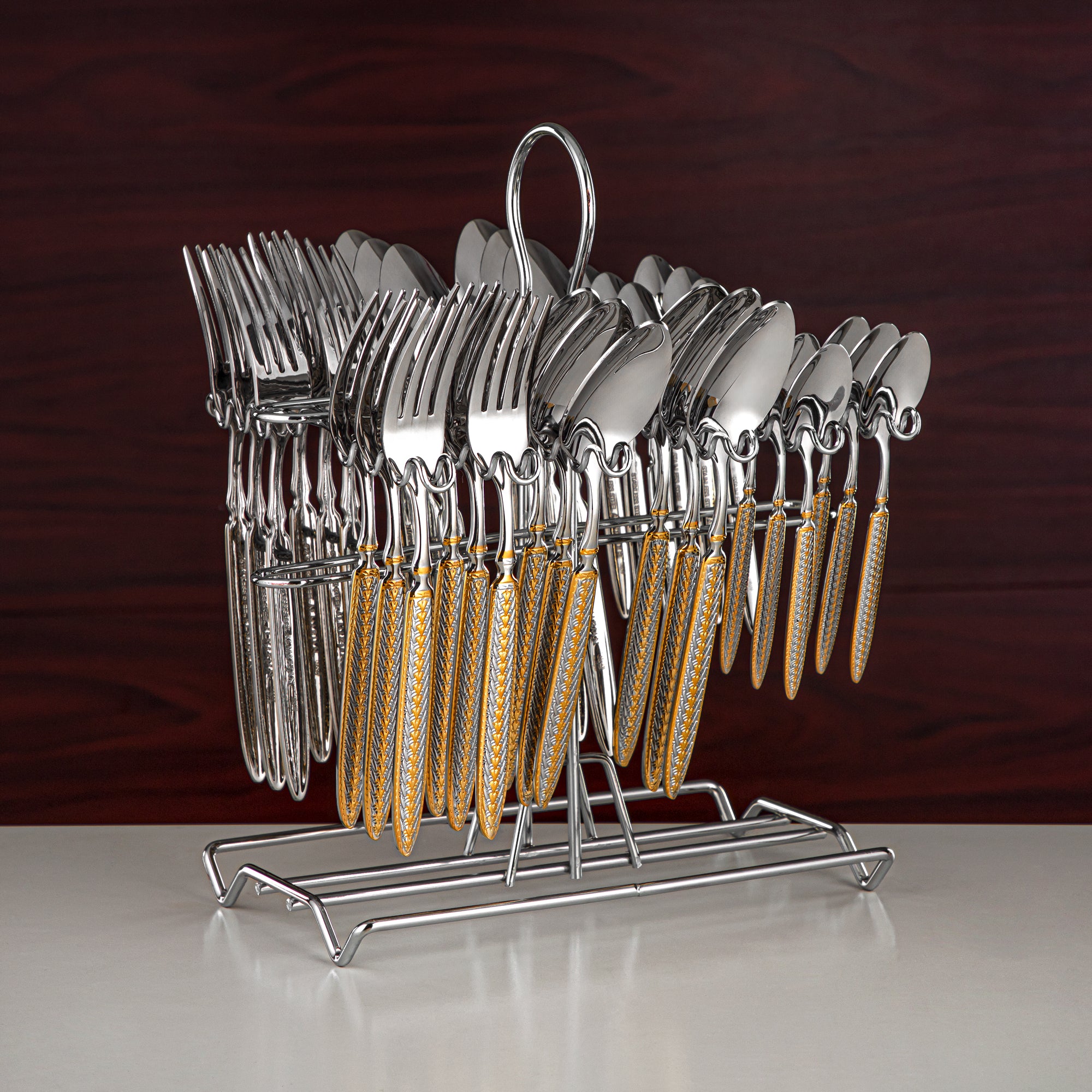 Almarjan Cutlery Set 36 Pieces, Stainless Steel, With Stand, Silver & Gold (CUT0010442) Elegant Cutlery Set