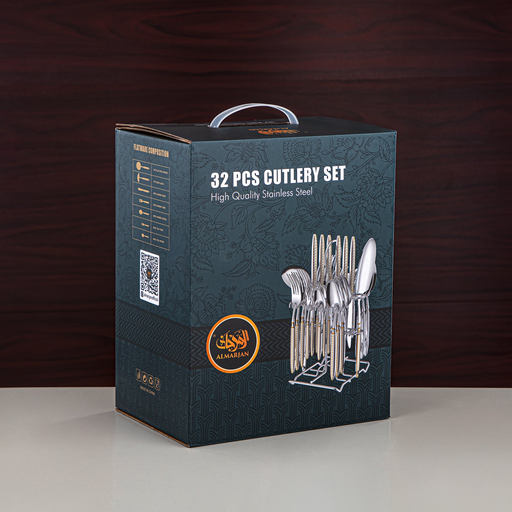 طقم أدوات مائدة المرجان 32 قطعة، ستانلس ستيل، مع حامل، فضي وذهبي (CUT0010446) طقم أدوات مائدة أنيق