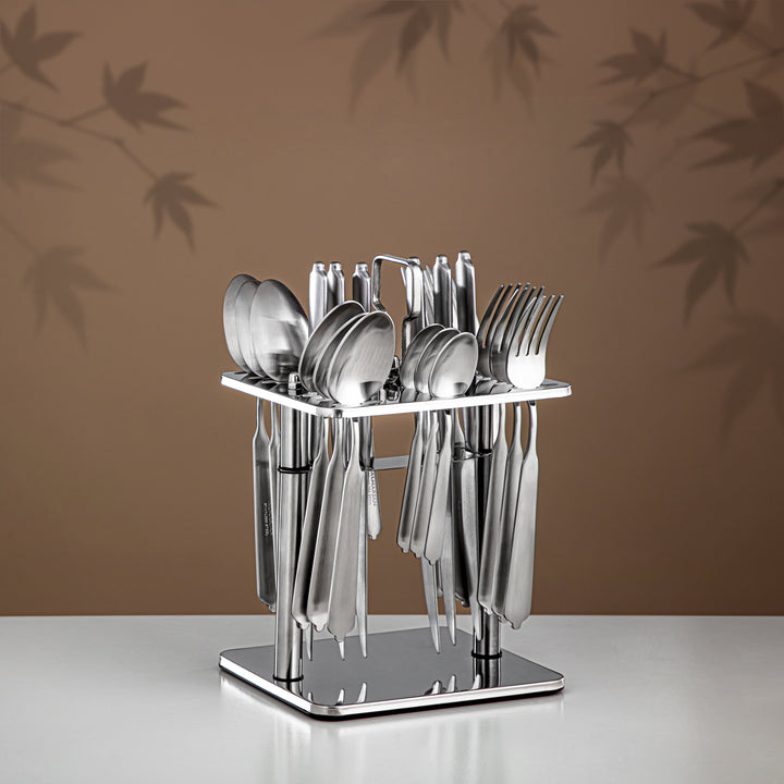 Almarjan 24-Piece Stainless Steel Cutlery Set with Stand – Matt Finish, Silver CUT1620028