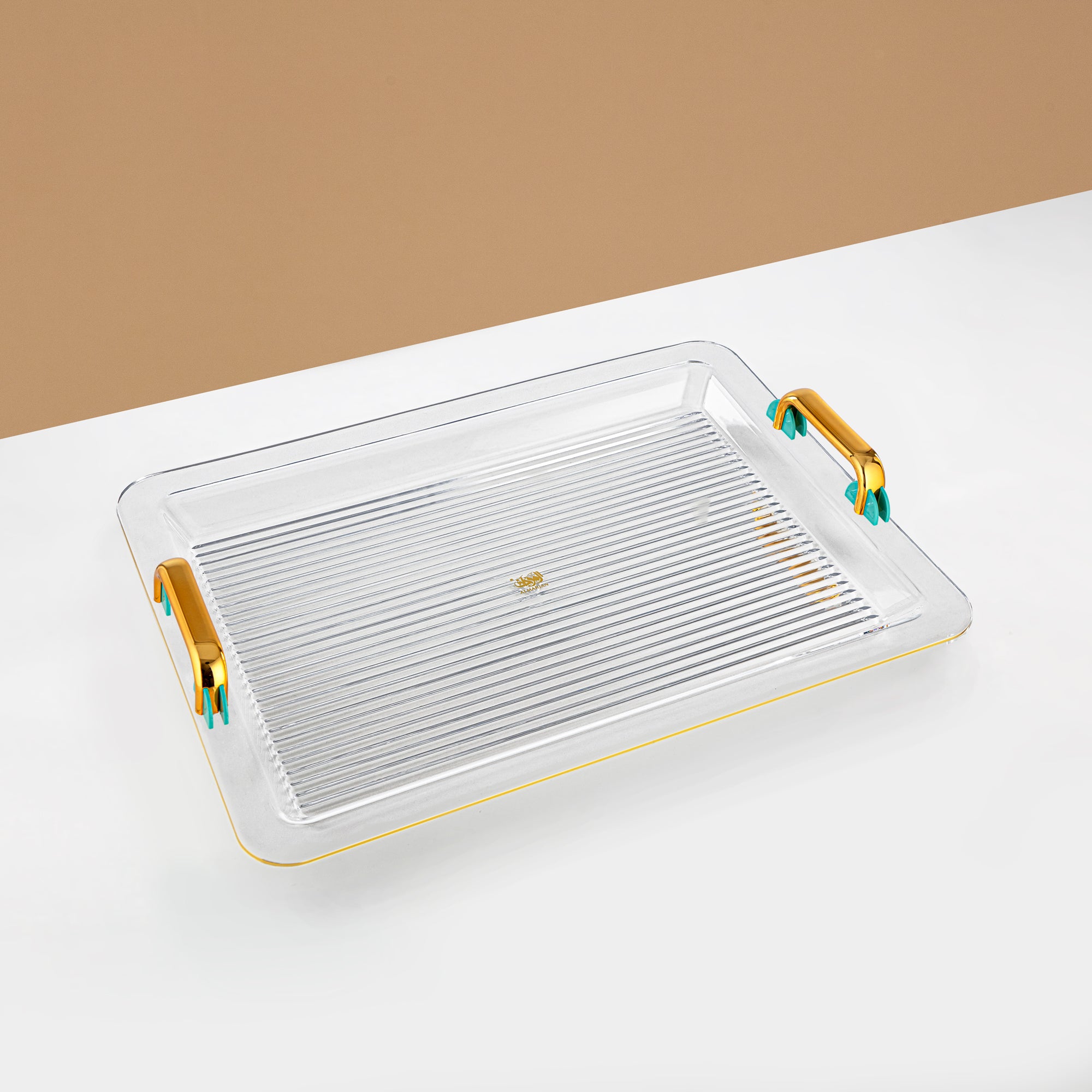 Almarjan Serving Tray 55CM, Acrylic, Gold & Tiffany Green Handle (FB06-550 TF/G) Ramadan Serveware