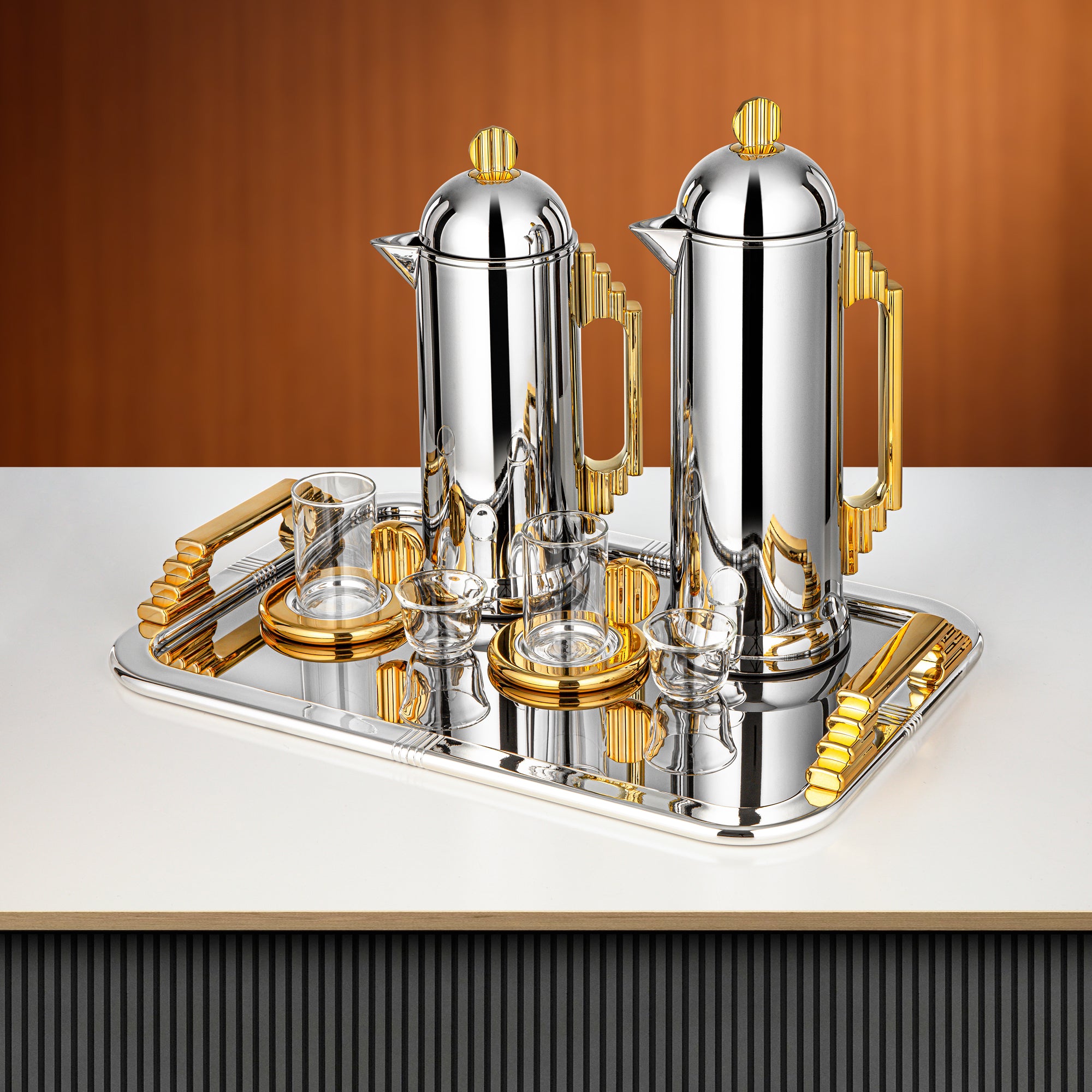 طقم شاي وقهوة المرجان ٢١ قطعة فضي وذهبي