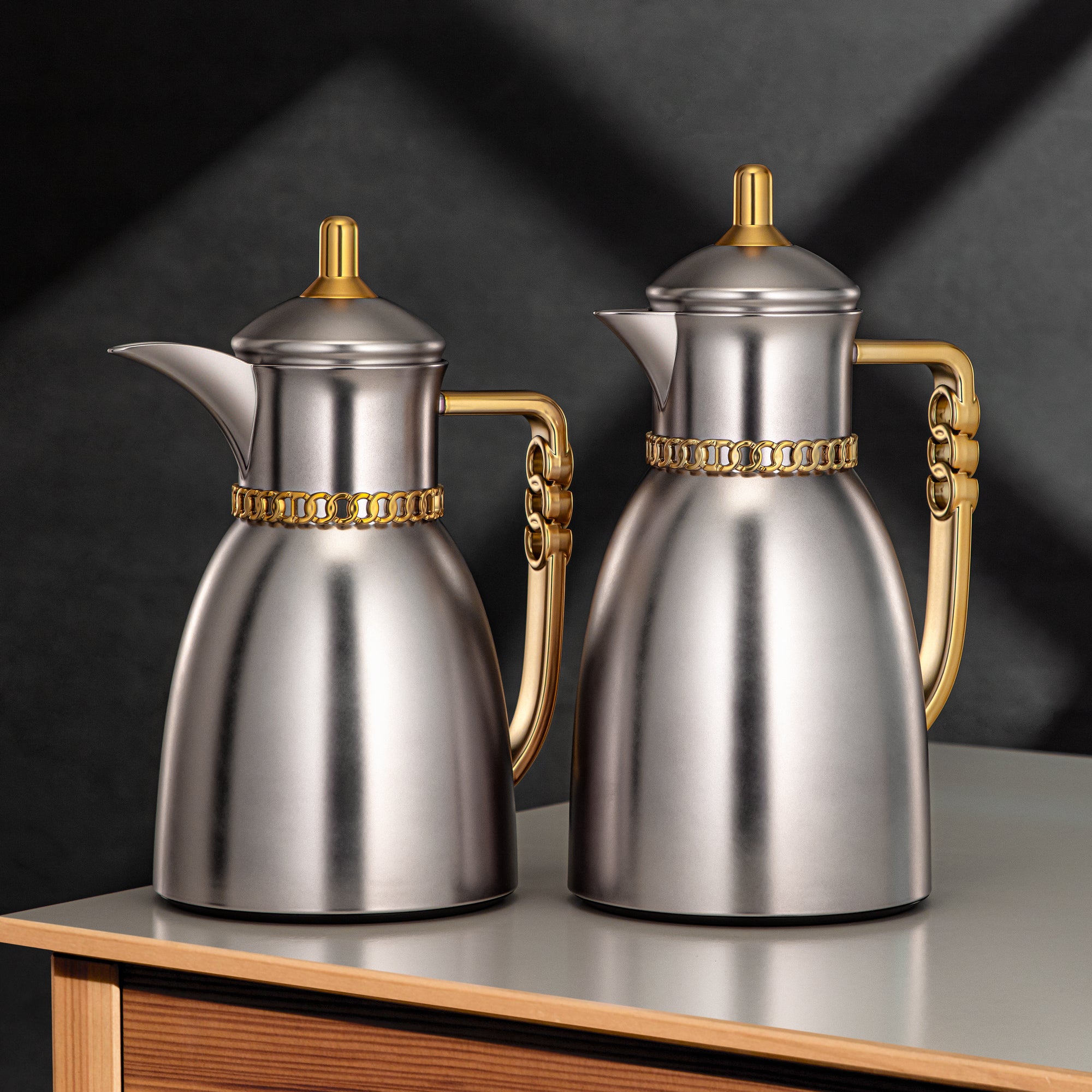 Almarjan Vacuum Flask Set 0.7L & 1L Matt Nickel & Matt Gold