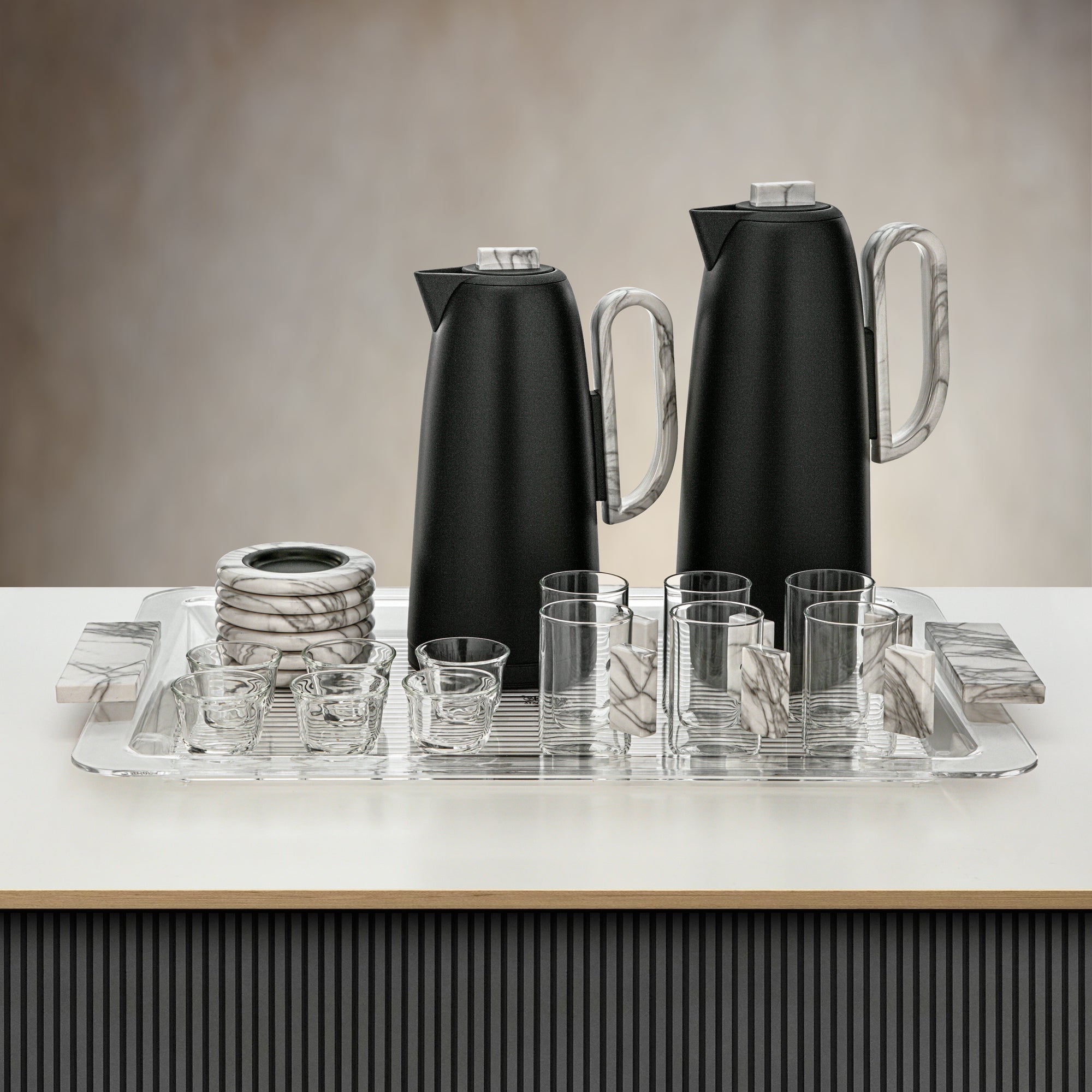 Almarjan Tea & Coffee Set 21 Pieces Matt Black & Marble