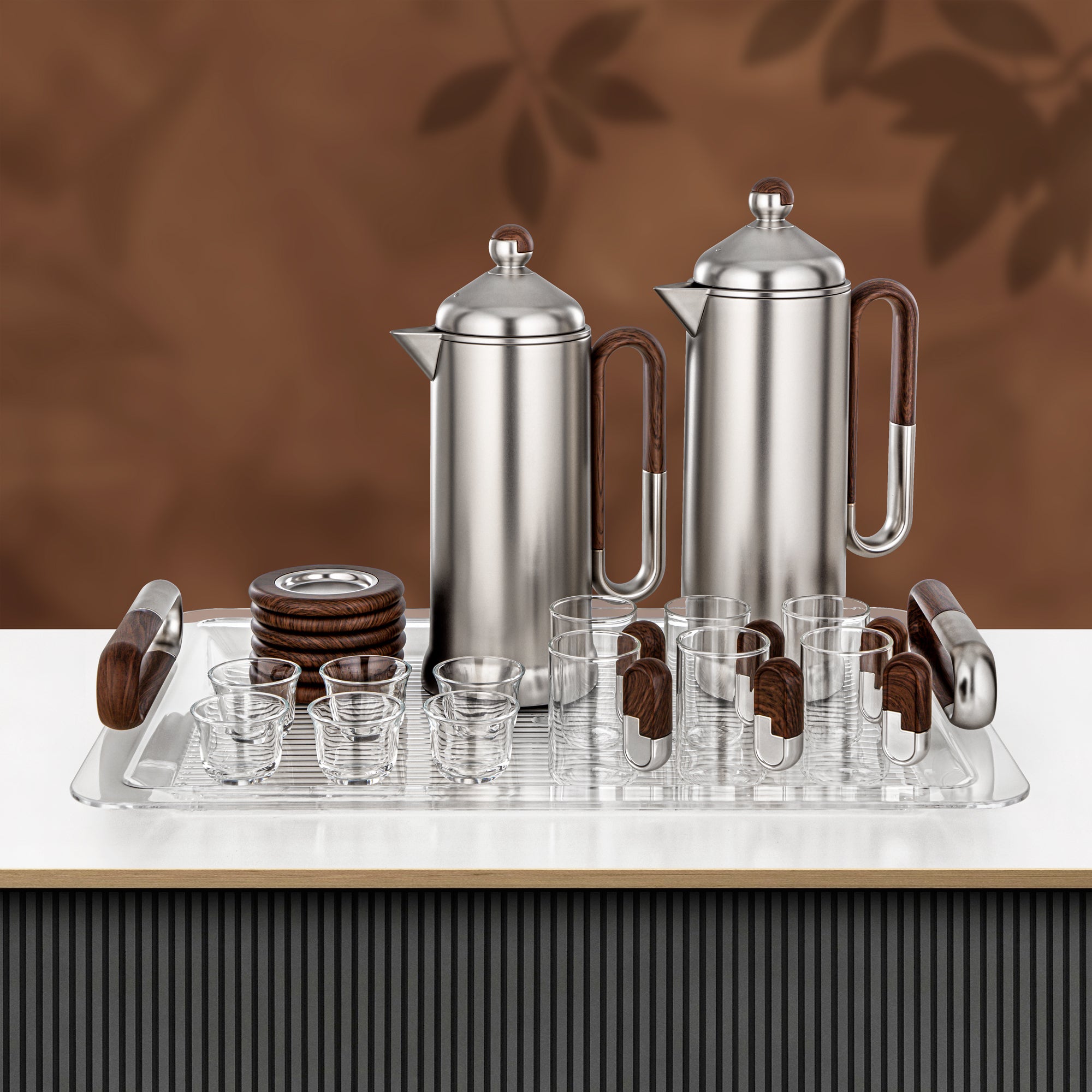 Almarjan 21 Pieces Tea & Coffee Serving Set, Matt Nickel & Dark Wood