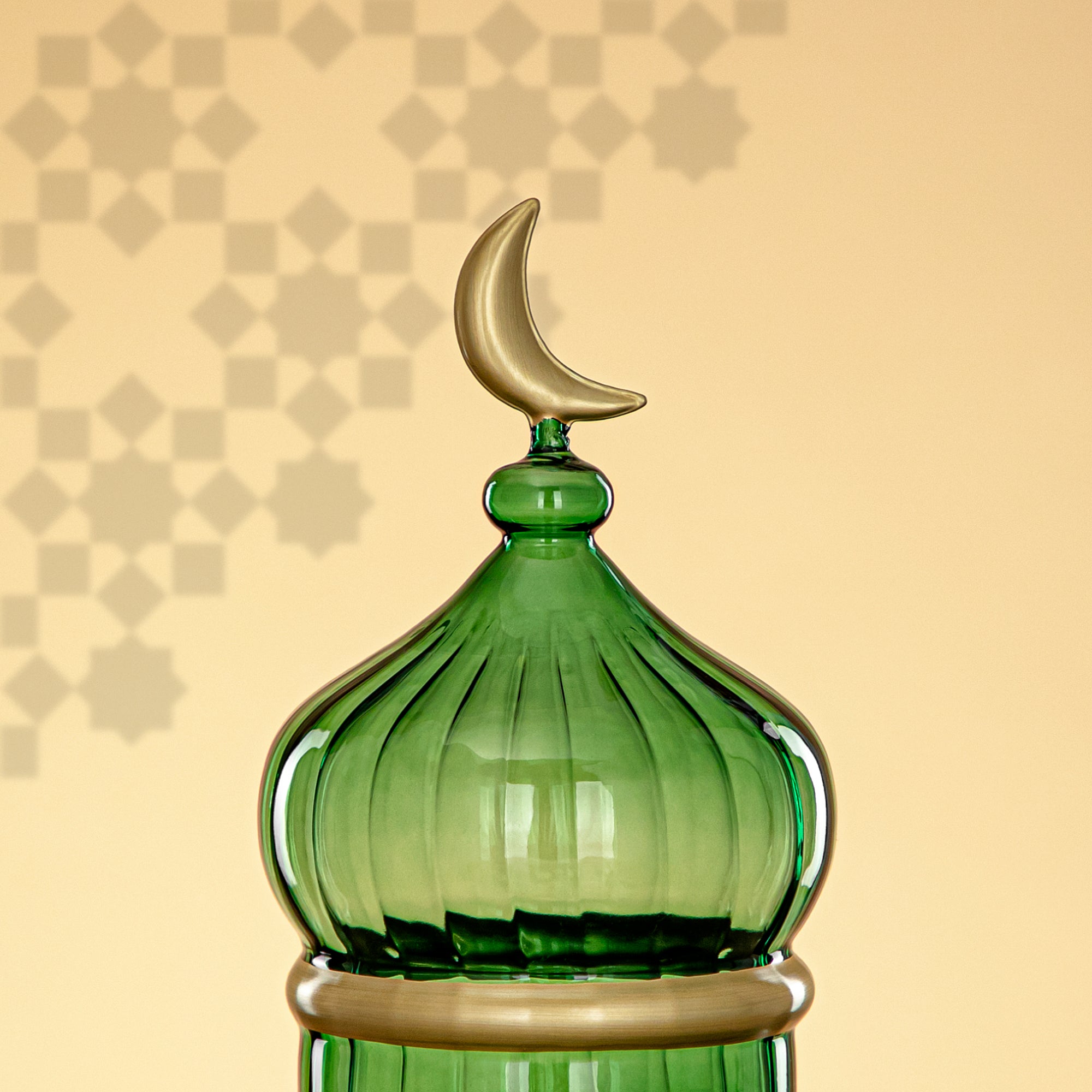 Almarjan Minaret Table Decoration 23cm x 15cm Transparent Green with Golden Lines & Crescent Moon – Noor Al Layali