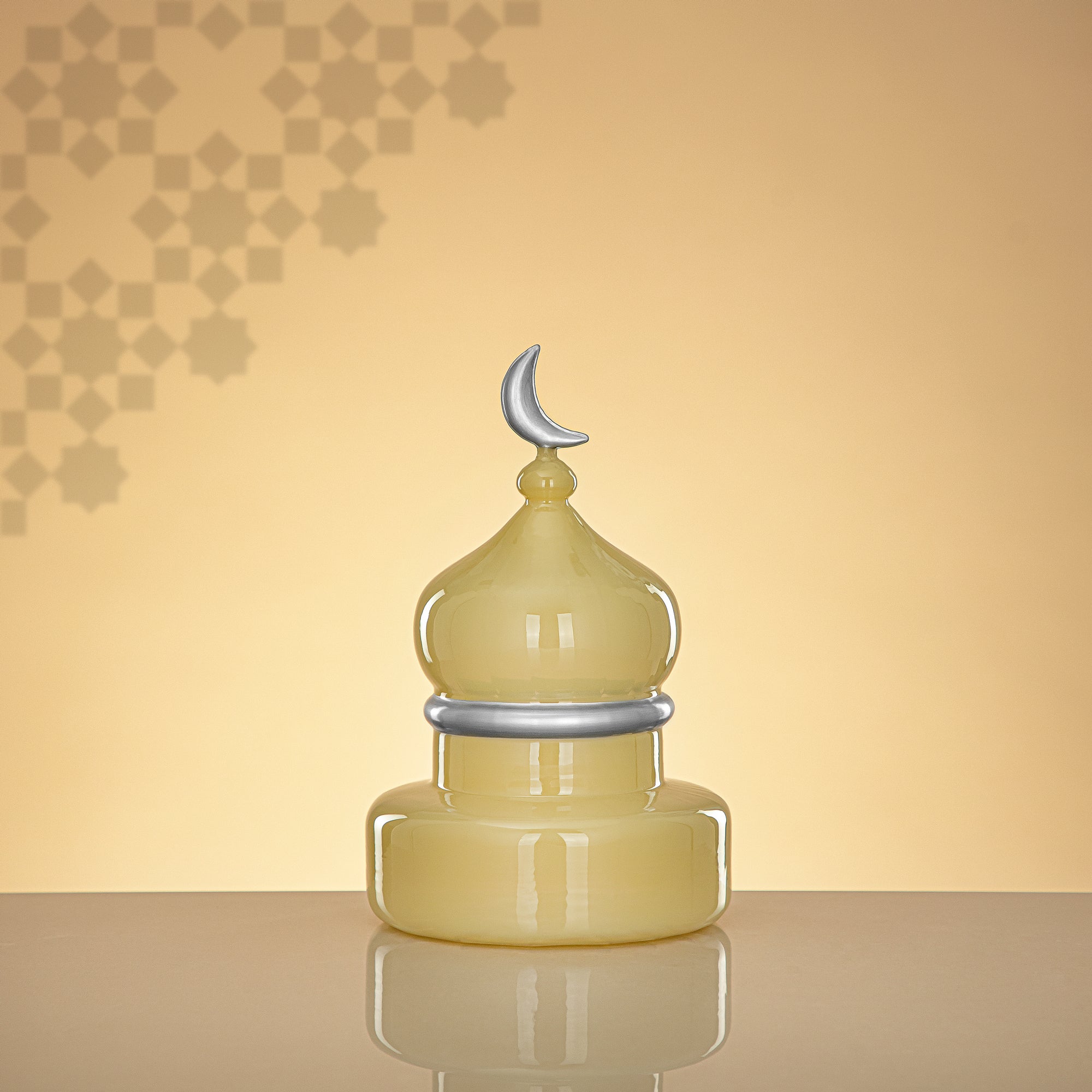 Almarjan Minaret Table Decoration 23cm x 15cm White with Silver Lines & Crescent Moon – Noor Al Layali
