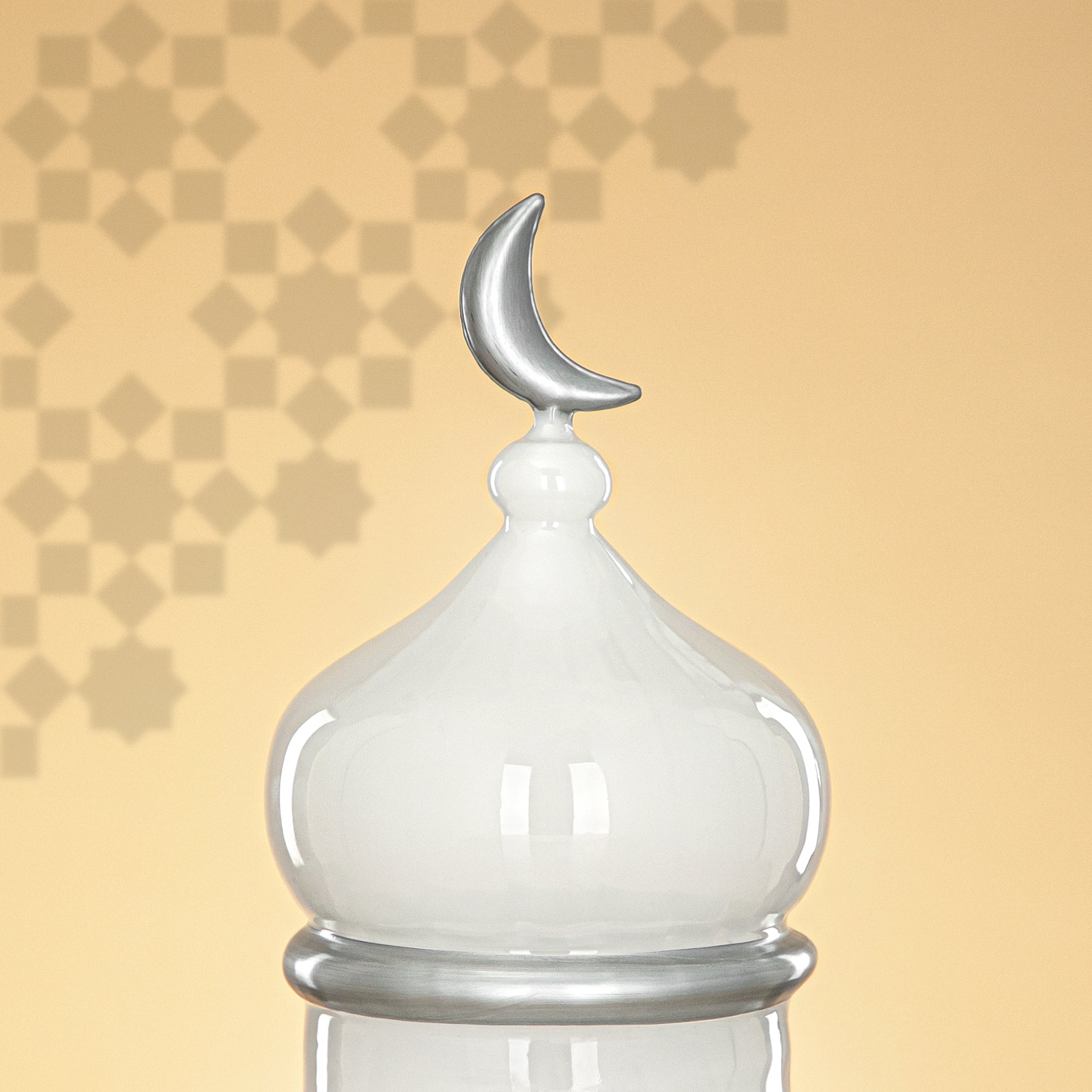 Almarjan Minaret Table Decoration 23cm x 15cm Ivory with Silver Lines & Crescent Moon – Noor Al Layali
