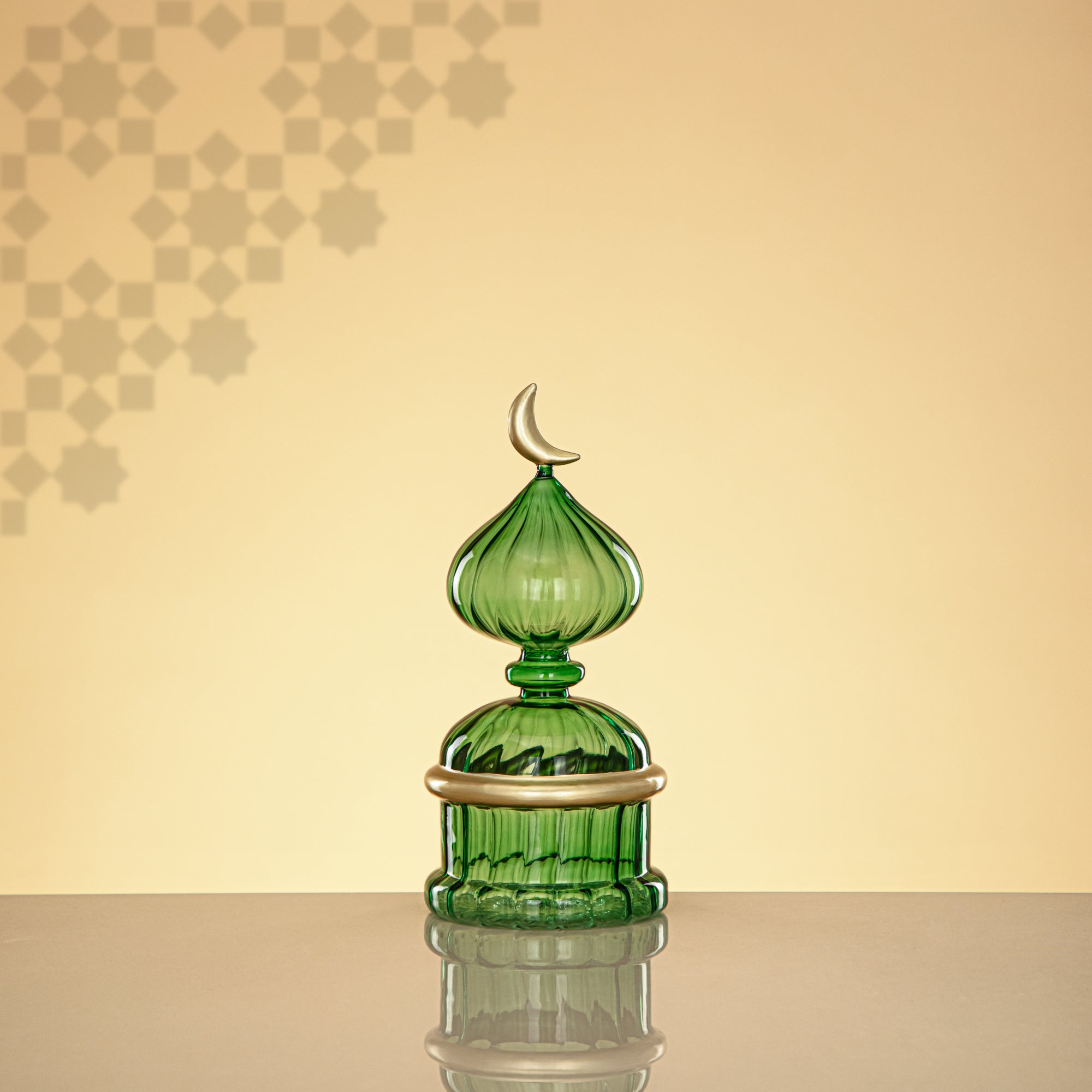 Almarjan Minaret Table Decoration 22cm x 10cm Transparent Green with Golden Lines & Crescent Moon – Noor Al Layali