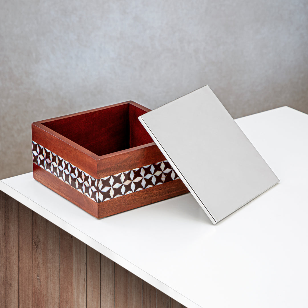 Almarjan 20 CM Square Storage Box Wood & Silver - MD-1815 A