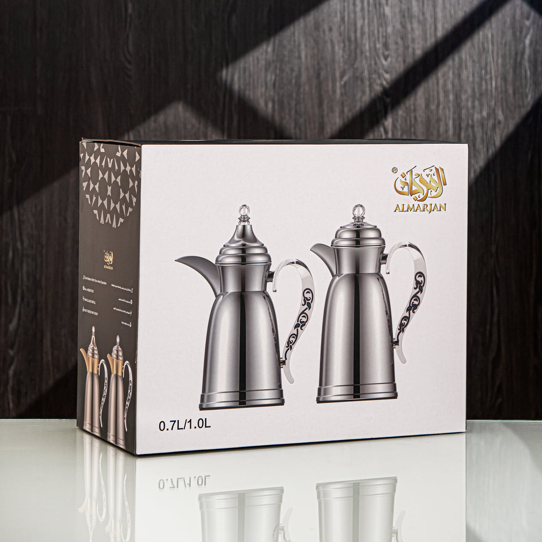 Almarjan Vacuum Flask Set for Tea & Coffee – Traditional Arabic Design, 0.7L & 1L, Ivory & Silver Finish, Item #SM-2A29-070/100 IV/C