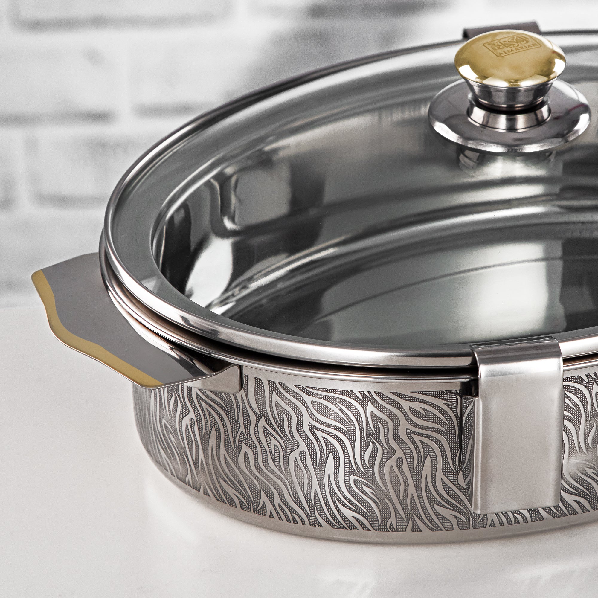 Almarjan 30 CM Mandi Collection Stainless Steel Hot Pot With Glass Cover Silver & Gold - H24PG1