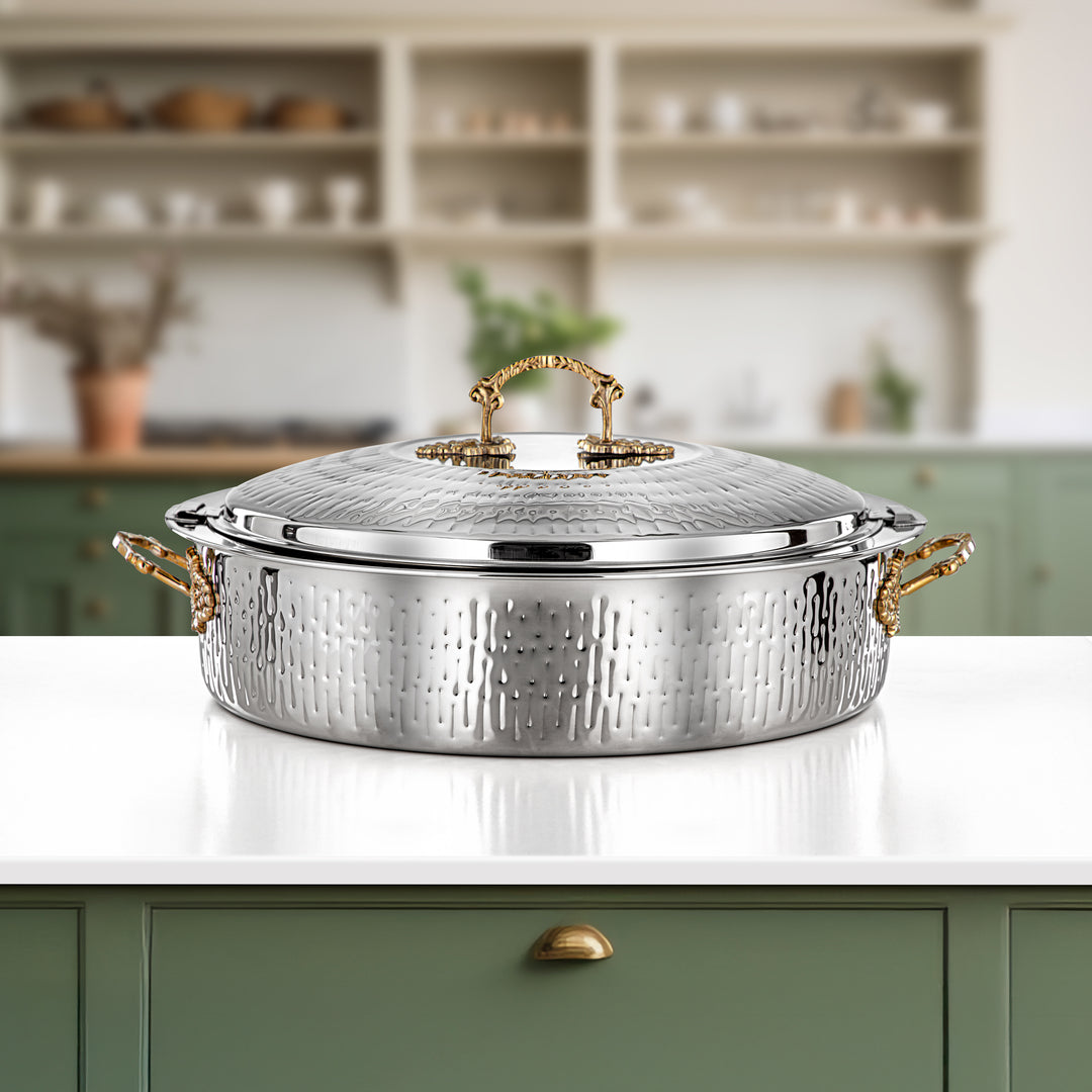 Almarjan Hot Pot Stainless Steel, Silver & Gold, Brass Handle 40CM (H25MG00) - Areej Collection, Ramadan & Eid