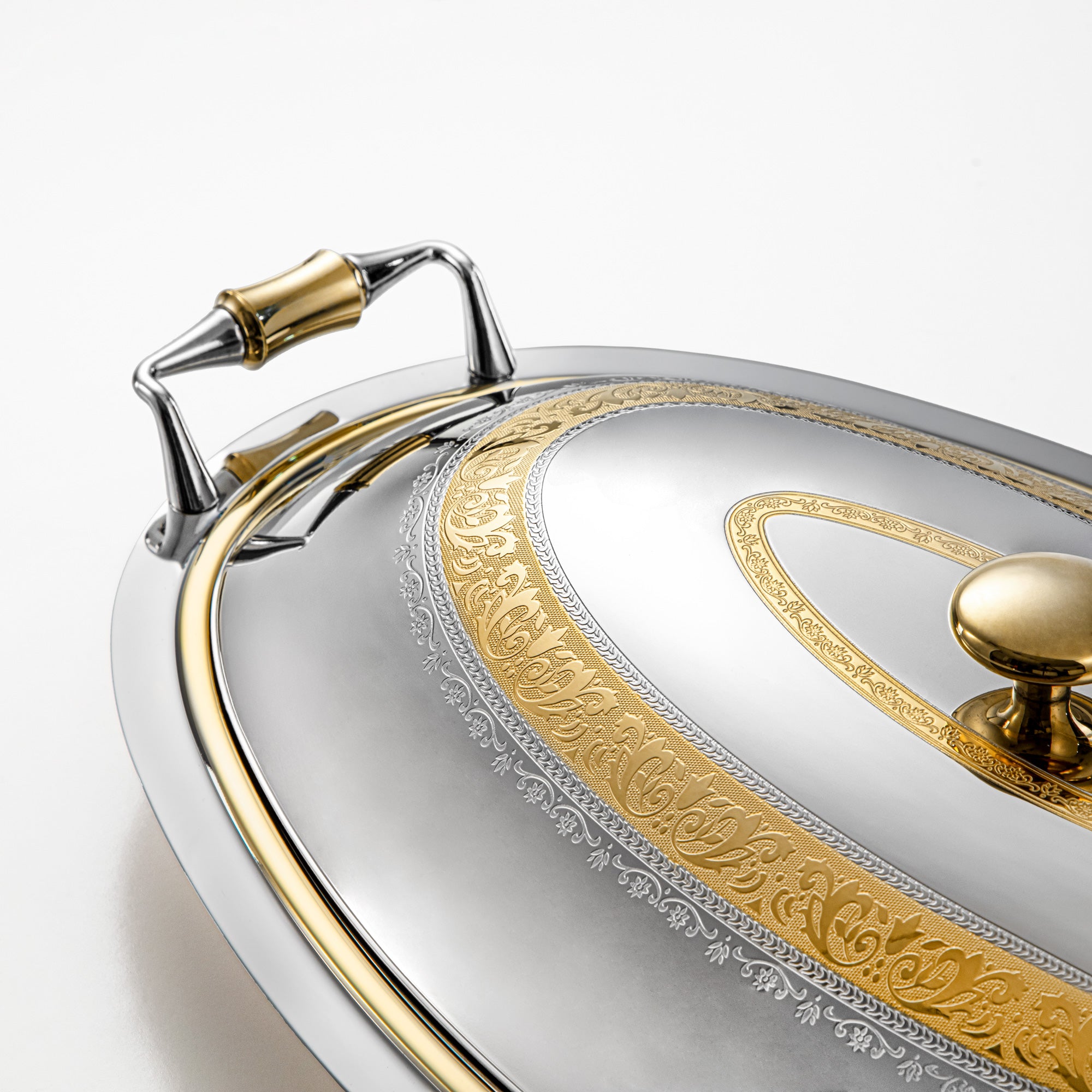 صينية تقديم بيضاوية مع غطاء المرجان 50 سم فضي وذهبي