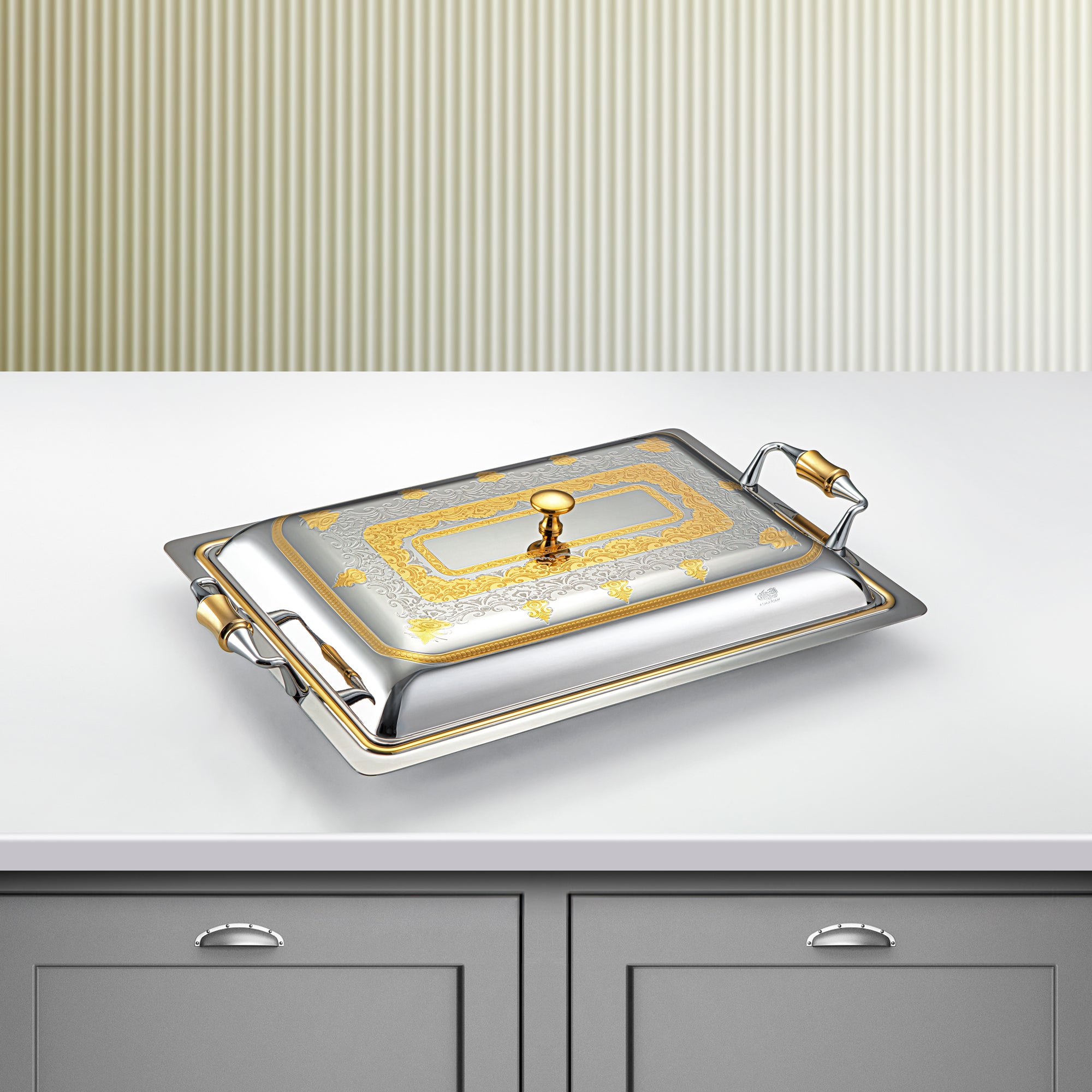 Almarjan 40 CM Teresa Collection Stainless Steel Rectangle Serving Tray With Cover Silver & Gold - STS2051220