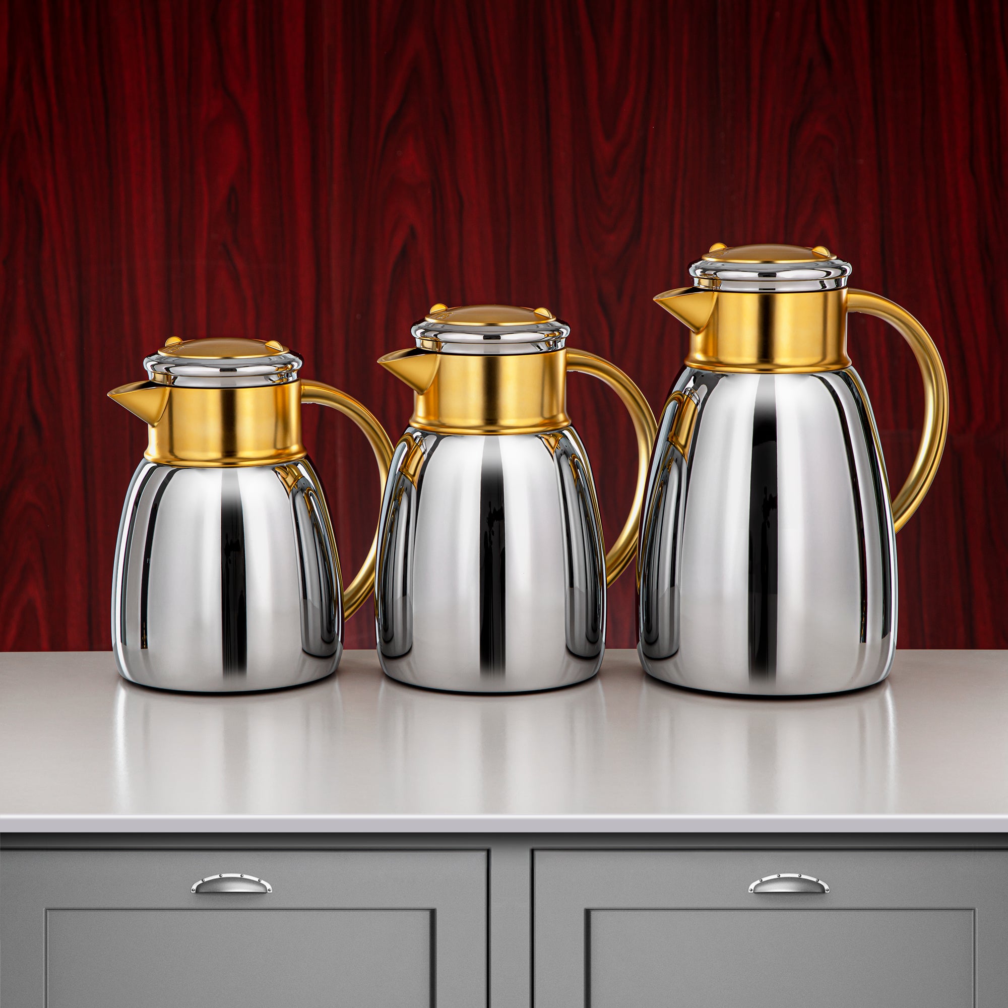 Almarjan Vacuum Flask Set, 0.35L + 0.65L + 1L, Silver & Matt Gold (ULC-0350/0650/1000 CE22) - For Every Occasion