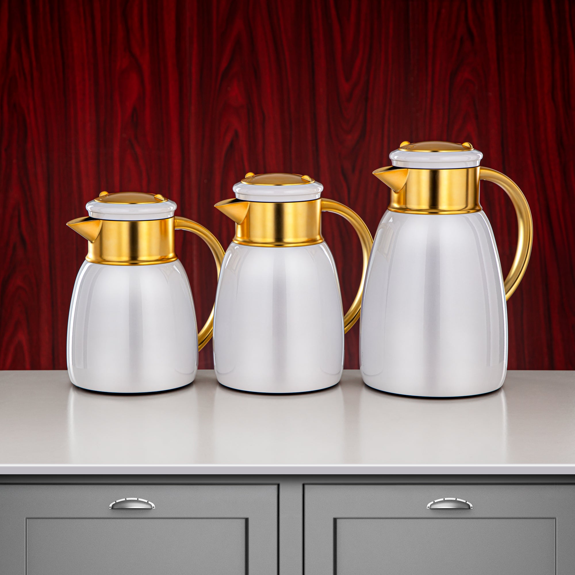 Almarjan Vacuum Flask Set, 0.35L + 0.65L + 1L, White & Matt Gold (ULC-0350/0650/1000 Q1ZE22) - For Every Occasion