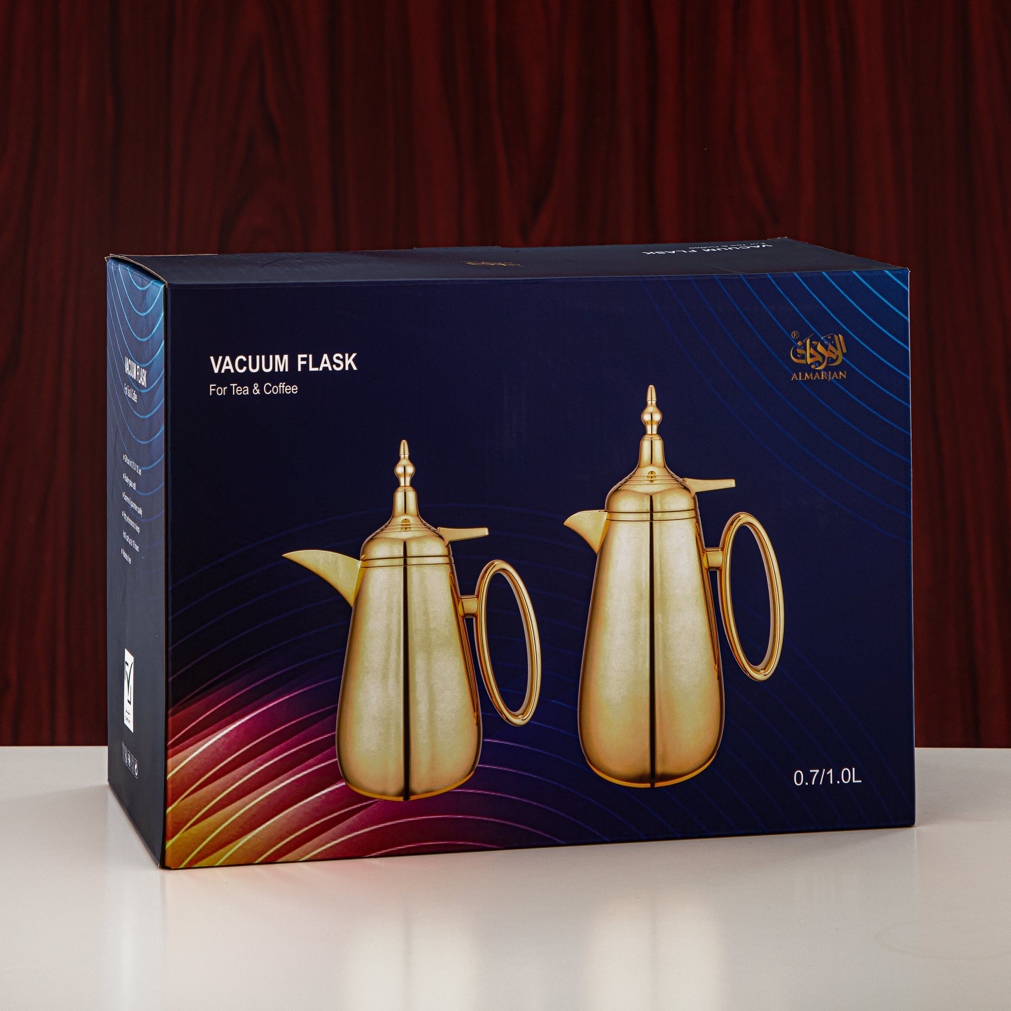 Almarjan Vacuum Flask Set Push Button ABS Silver & Gold 0.7L + 1L (UOP-A0700/B1000CC95) - Classic Vacuum Flask